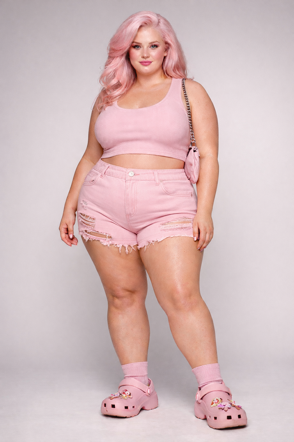 A woman with pink hair wearing a pink crop top, distressed pink shorts, pink socks, and pink Crocs with charms, standing against a plain background. Custom AI influencer, AI persona, AI brand ambassador.
