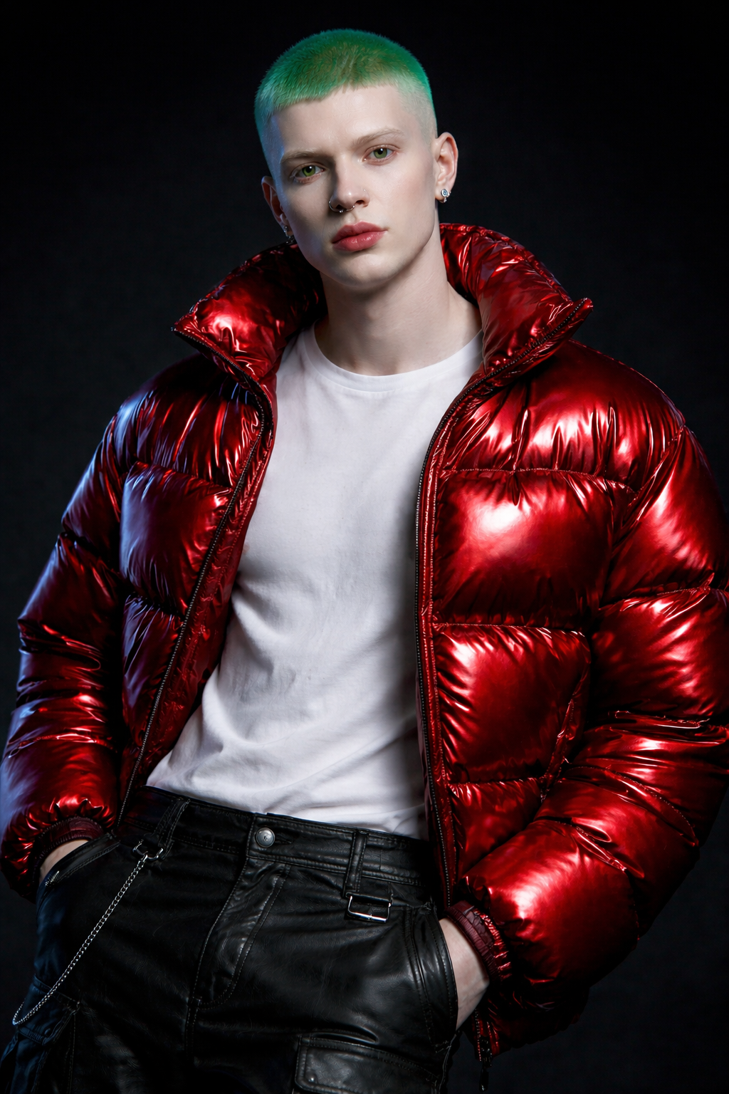 Young person with short green hair and earrings, wearing a shiny red puffer jacket, white T-shirt, and black leather pants against a black background.AI influencer, AI persona, AI design, custom AI.