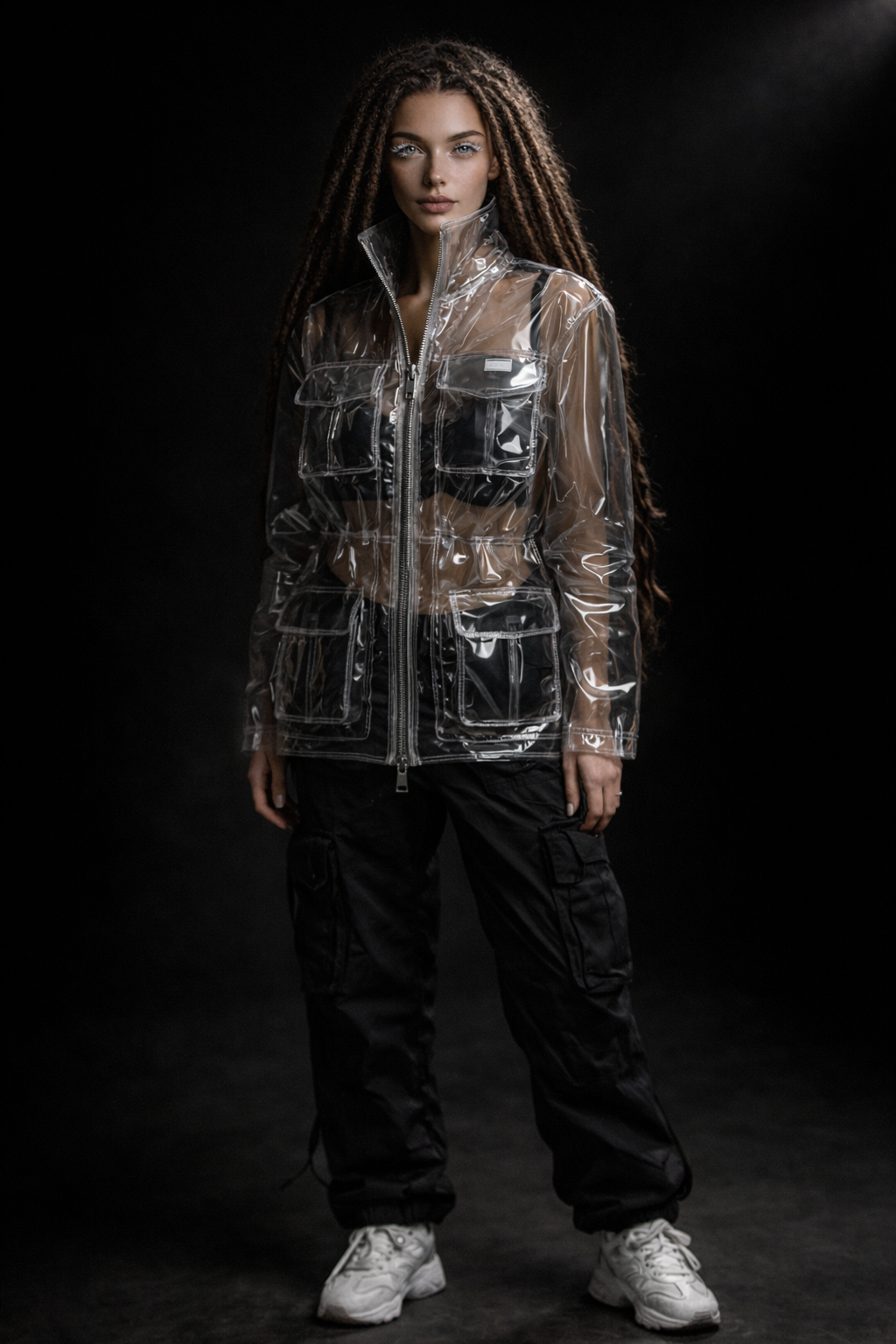 A young woman with long curly hair stands against a black background, wearing a transparent raincoat with multiple pockets over a black outfit, and white sneakers. AI influencer, AI persona, AI design, custom AI.