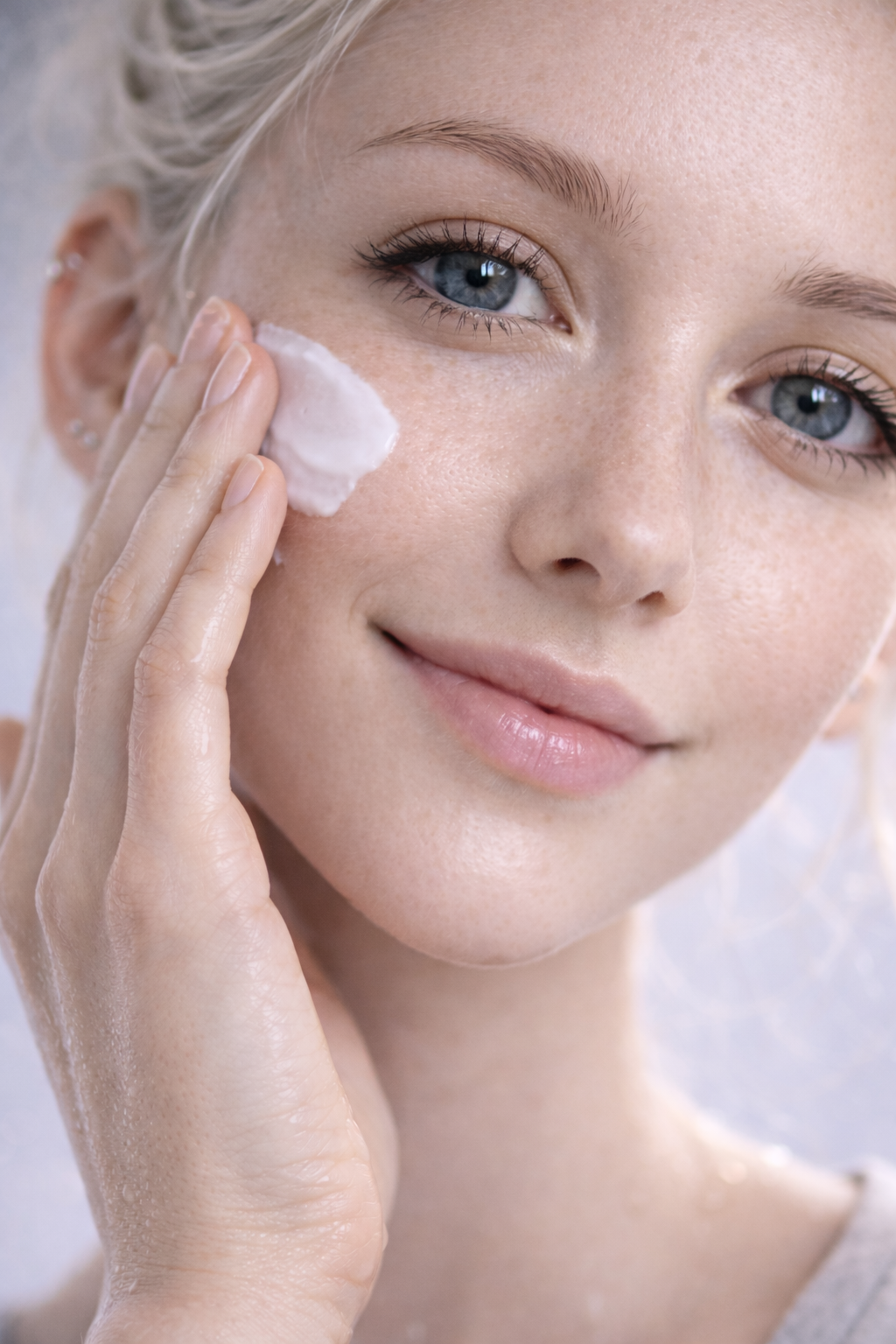 A woman with light skin and blue eyes applying skincare cream to her face. AI influencer, AI persona, AI design, custom AI.