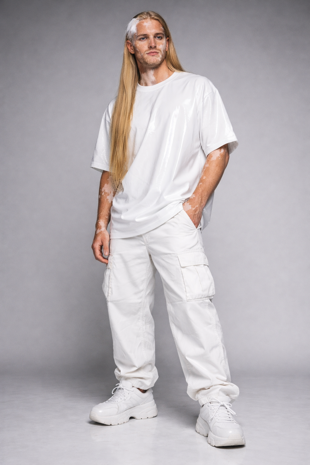 A man with long blonde hair and split face makeup wearing an all-white outfit, standing against a gray background. Custom AI Influencer, AI Identity, AI Person, AI Brand ambassador.