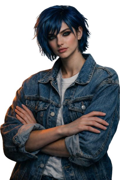 Woman with short blue hair and makeup, wearing a denim jacket and white t-shirt, crossing her arms. AI Influencer, AI content creator, AI persona.