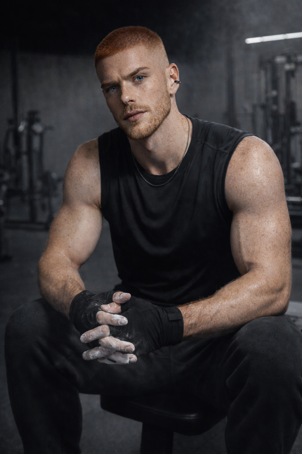 A muscular young man with red hair and freckles, wearing a black sleeveless workout shirt and gloves, sits on a black chair in a gym with weightlifting equipment in the background.