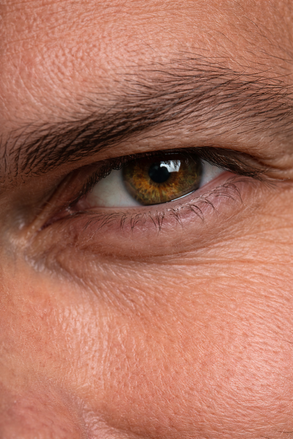 Close-up of a human eye with hazel iris, detailed skin, and eyelashes. AI influencer, AI persona, AI design, custom AI.