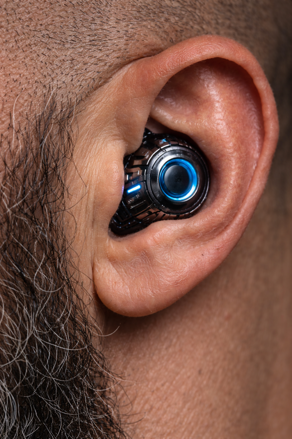 Close-up of a person's ear with a black and blue wireless in-ear headphone. AI influencer, AI persona, AI design, custom AI.