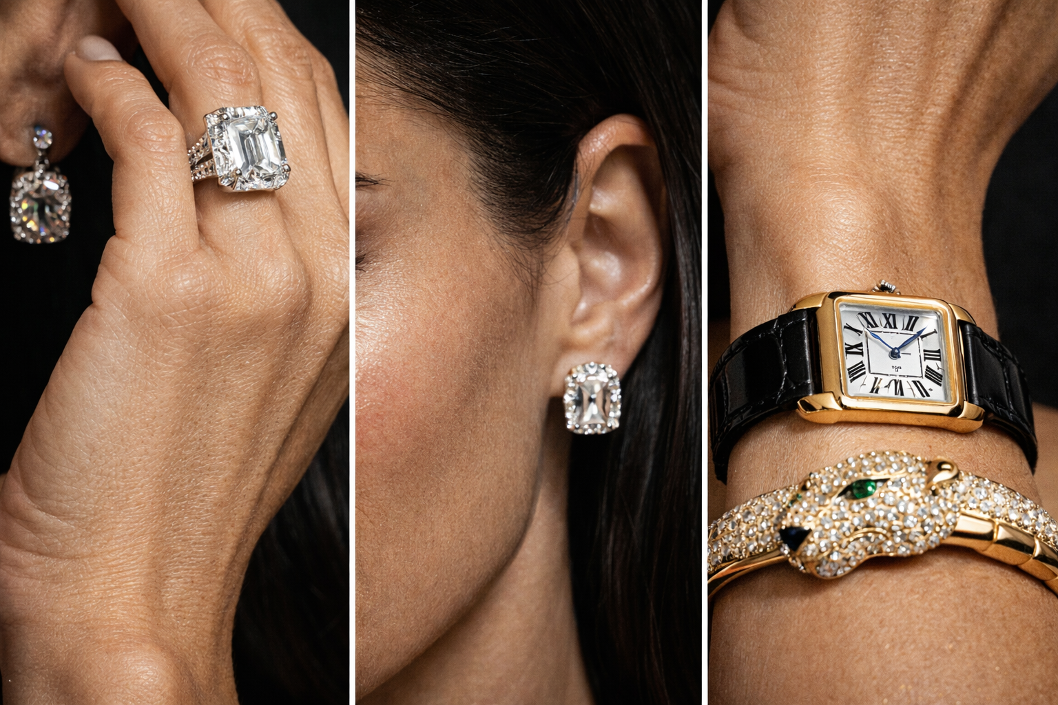 Close-up of a woman's hand, ear, and wrist showcasing jewelry and a watch: a large emerald-cut diamond ring, a diamond earring, and a gold watch with a black strap along with a gold bracelet adorned with a panther design. Custom AI influencer, Custom