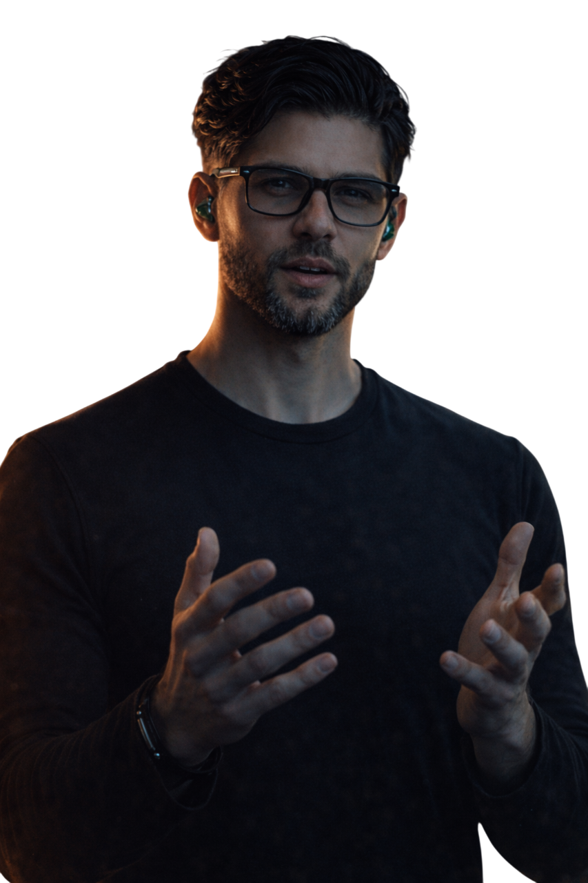 A man with dark hair, glasses, and a beard speaking, wearing a black long-sleeve shirt and wireless earbuds, with his hands gesturing. Custom AI Influencer, AI Identity, AI Person, AI Brand ambassador.