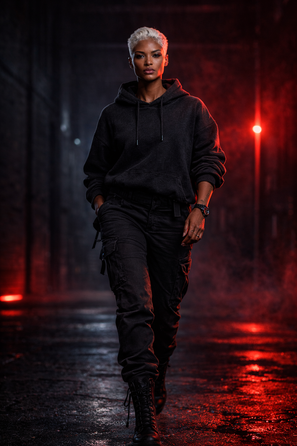 A woman with platinum blonde hair walking in a dark alleyway illuminated by red lights, wearing a black hoodie, cargo pants, and combat boots.