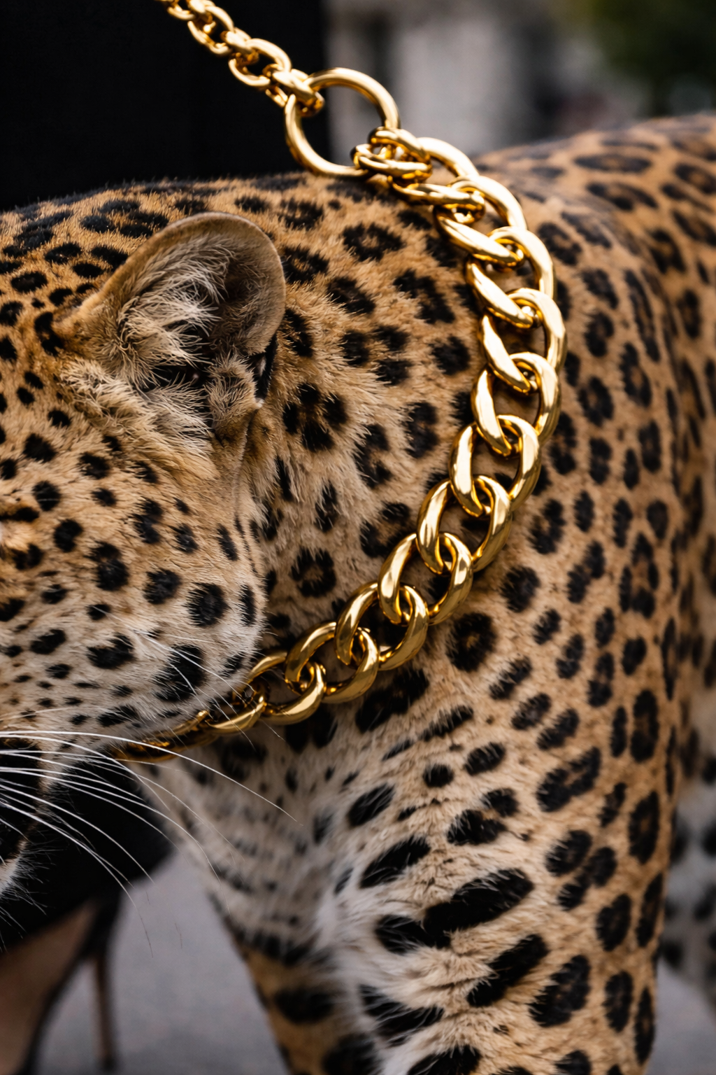 Close-up of a cheetah with a large gold chain around its neck. Custom AI influencer, Custom AI persona, Custom AI identity. 