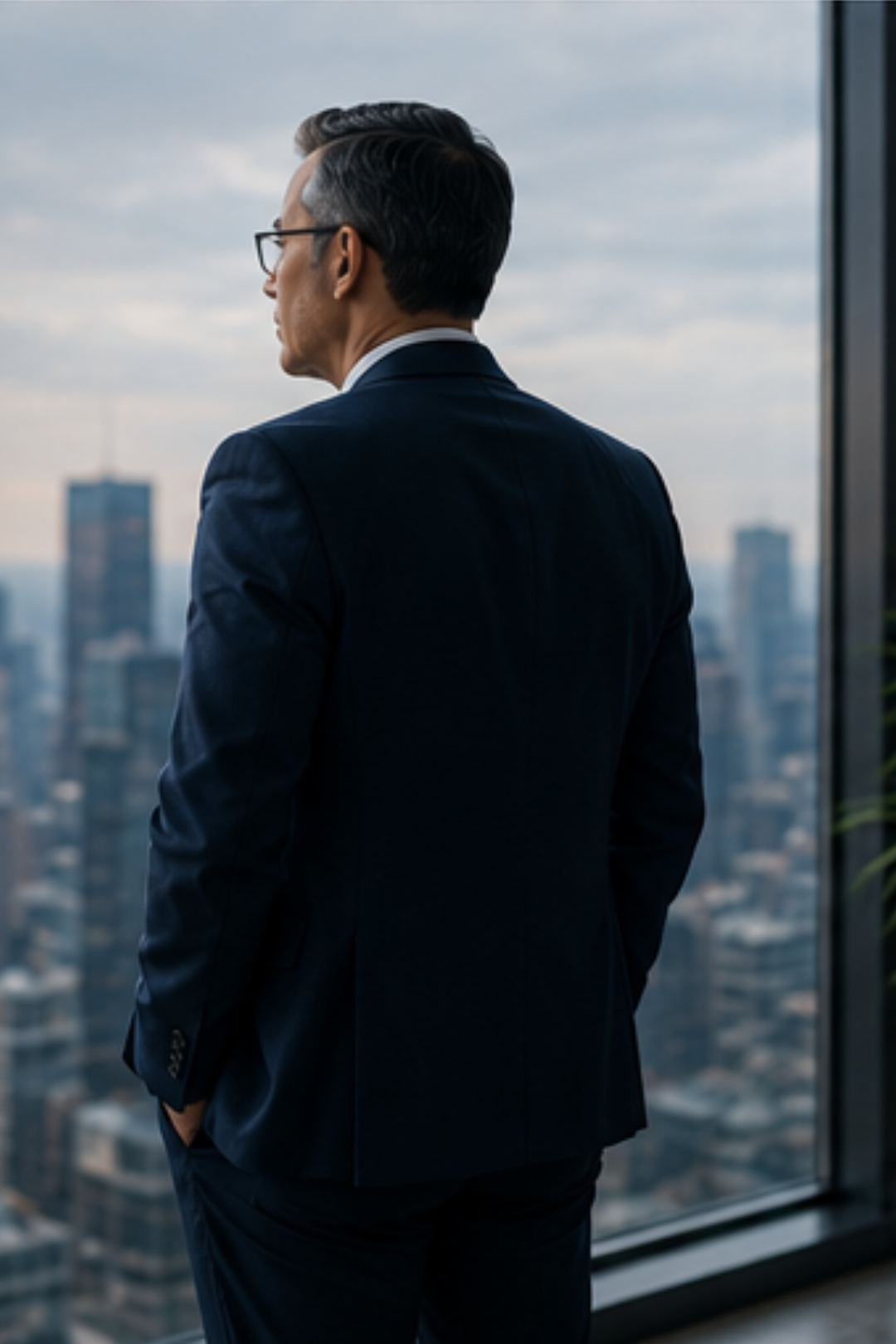male contemplating and looking out of office window