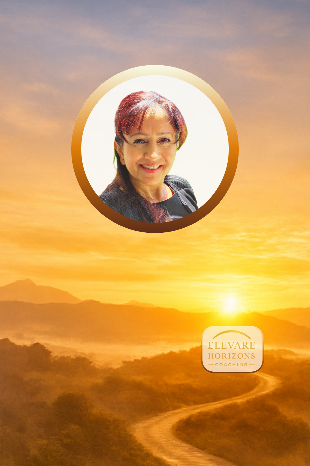 Image of Shireen on a background showing the sun in the horizon,  a winding path, and the logo for Elevare Horizons Coaching