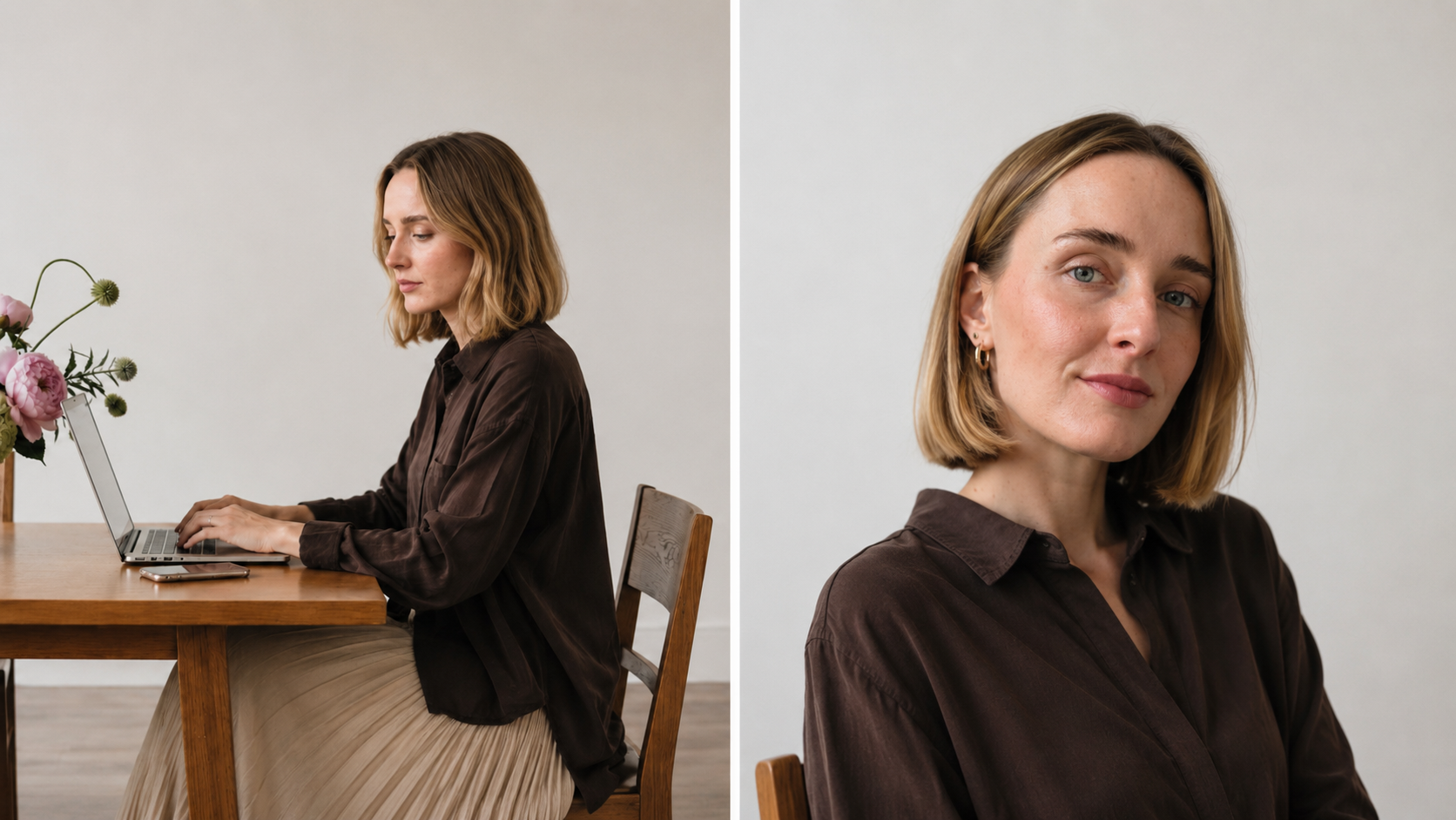 A woman with shoulder-length blonde hair sitting at a wooden table using a laptop, with a vase of pink flowers nearby; in another image, she is facing the camera with a neutral expression, wearing a dark brown shirt and earrings.