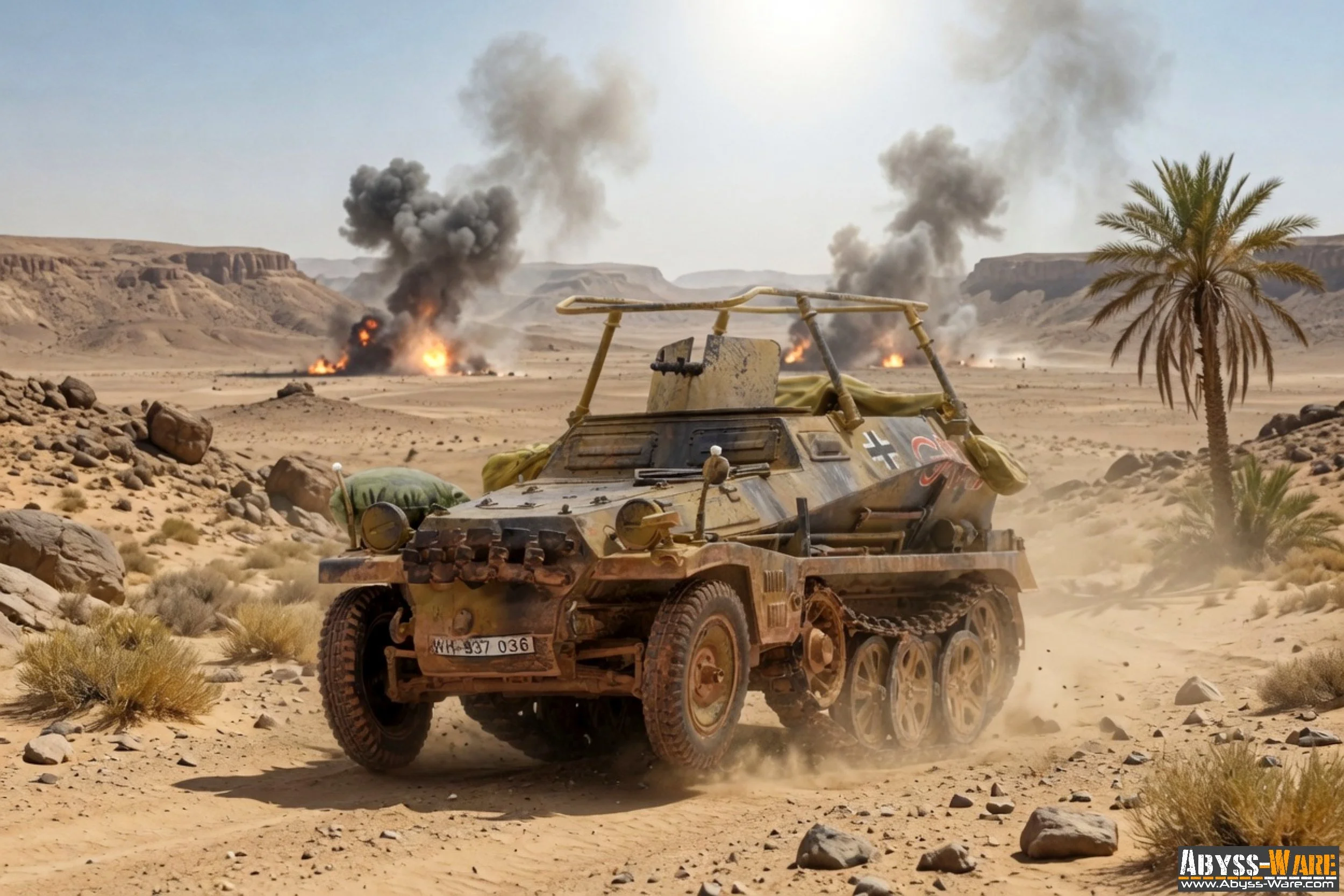 A desert landscape with rocky hills and scattered vegetation, where two explosions and black smoke are seen in the distance. In the foreground, a damaged military vehicle with German markings and a mounted machine gun is present, with a palm tree on 