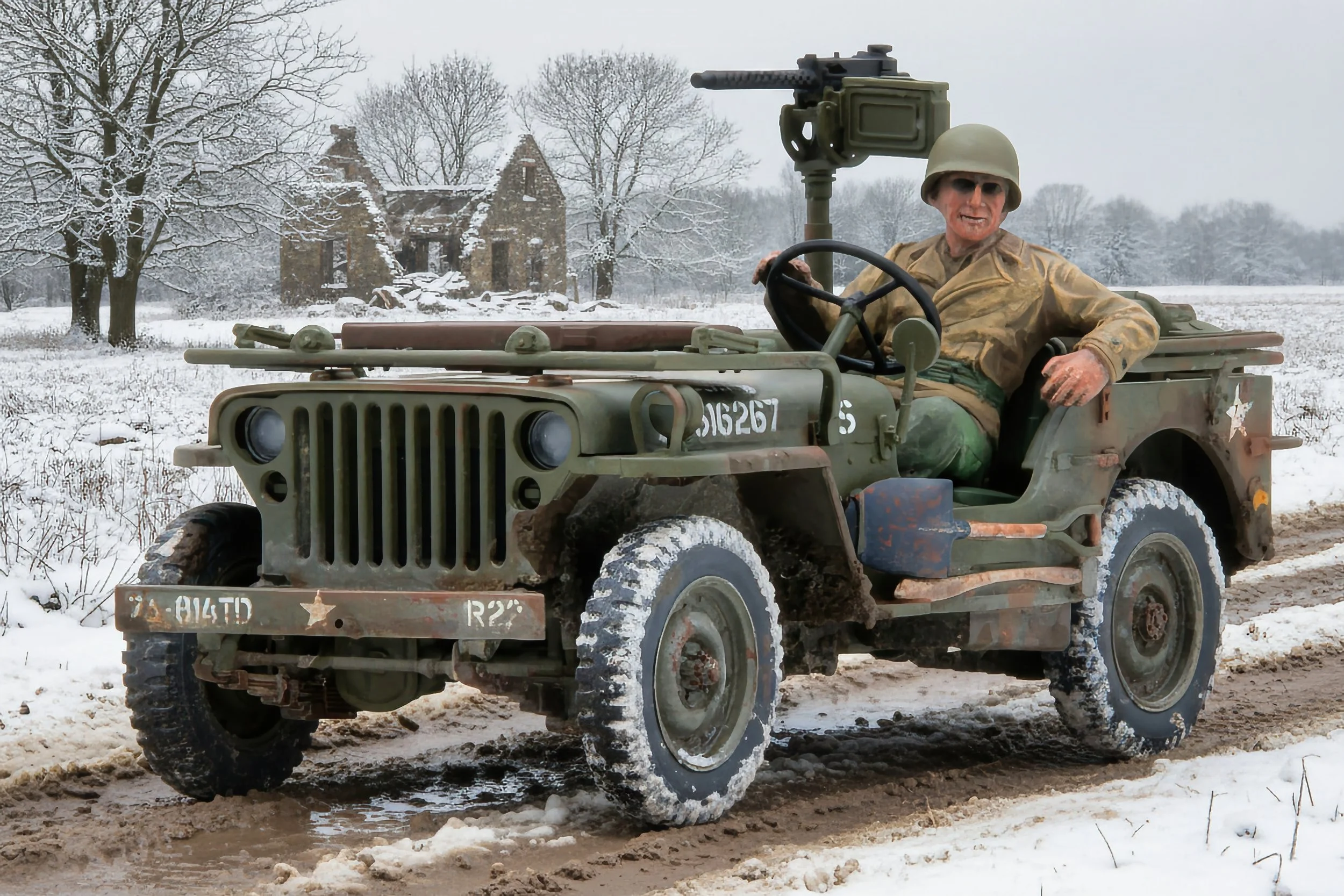 A vintage military jeep with a soldier figure inside, driving on a muddy snow-covered road in a winter landscape with leafless trees and ruins in the background.
