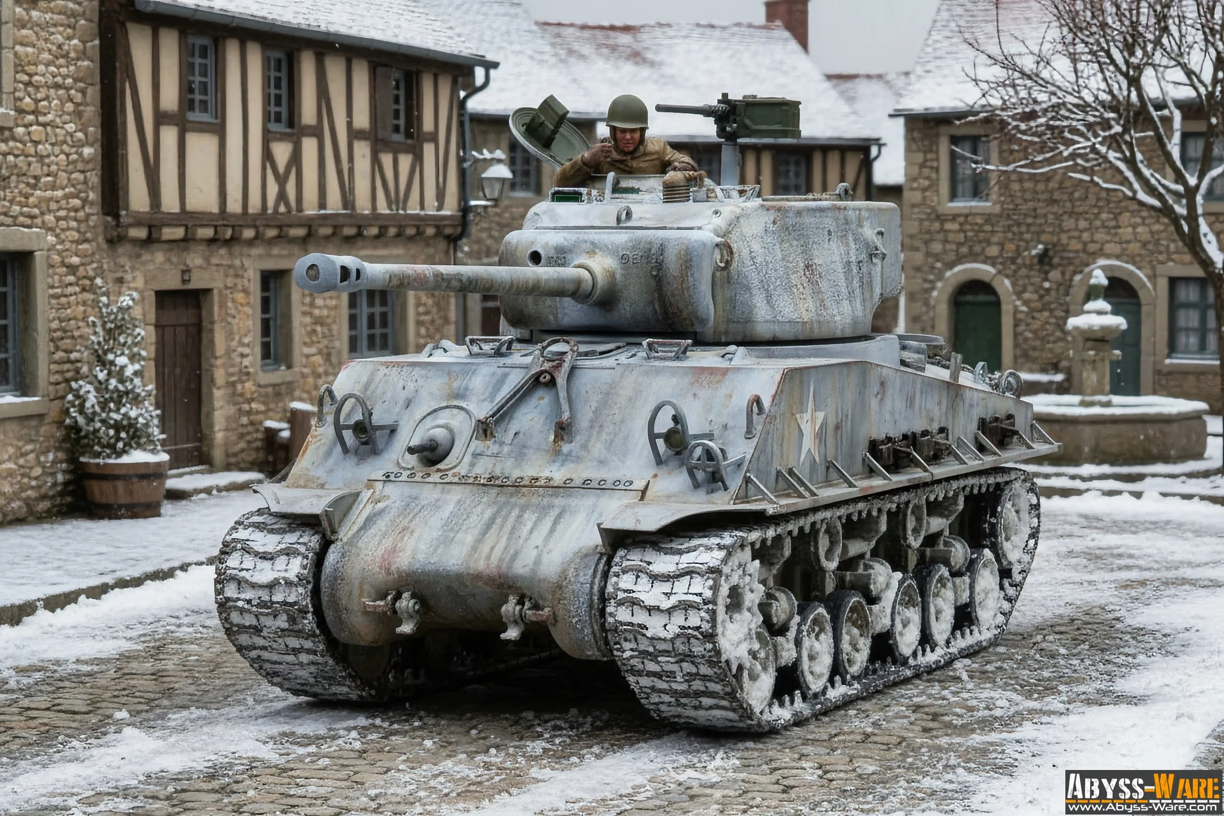 A toy military tank with a soldier figure in a winter village scene with snow-covered cobblestones and historic buildings.