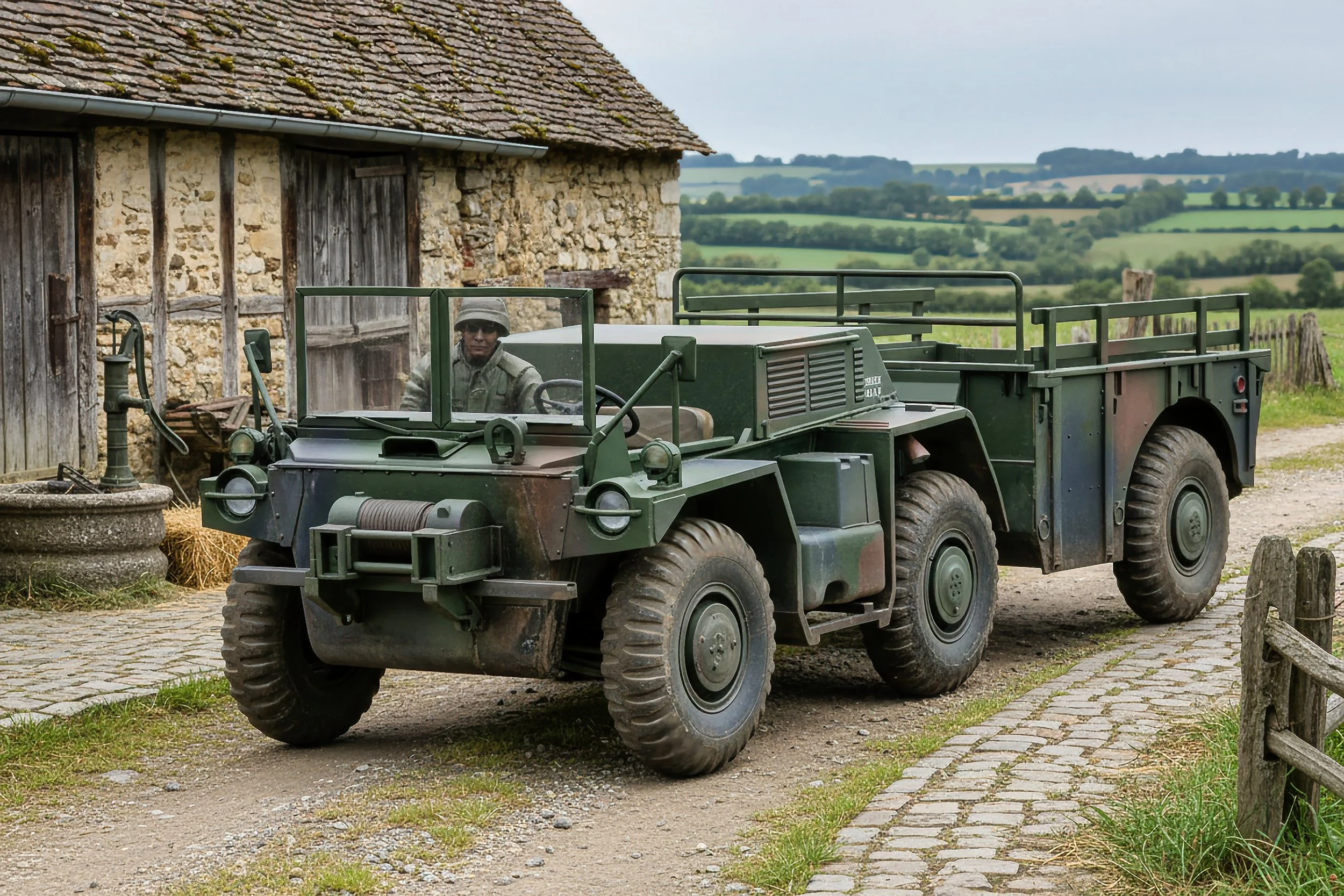 A vintage military vehicle, a green armored transport truck, parked on a dirt and cobblestone path next to an old stone building with wooden doors in a rural setting.