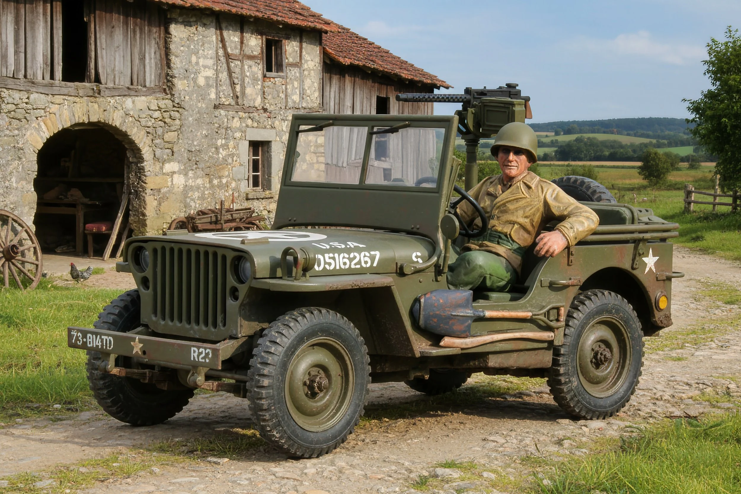 A person dressed in military uniform sitting in a vintage World War II-era military jeep on a rural dirt road, with a stone and wooden farm building in the background.