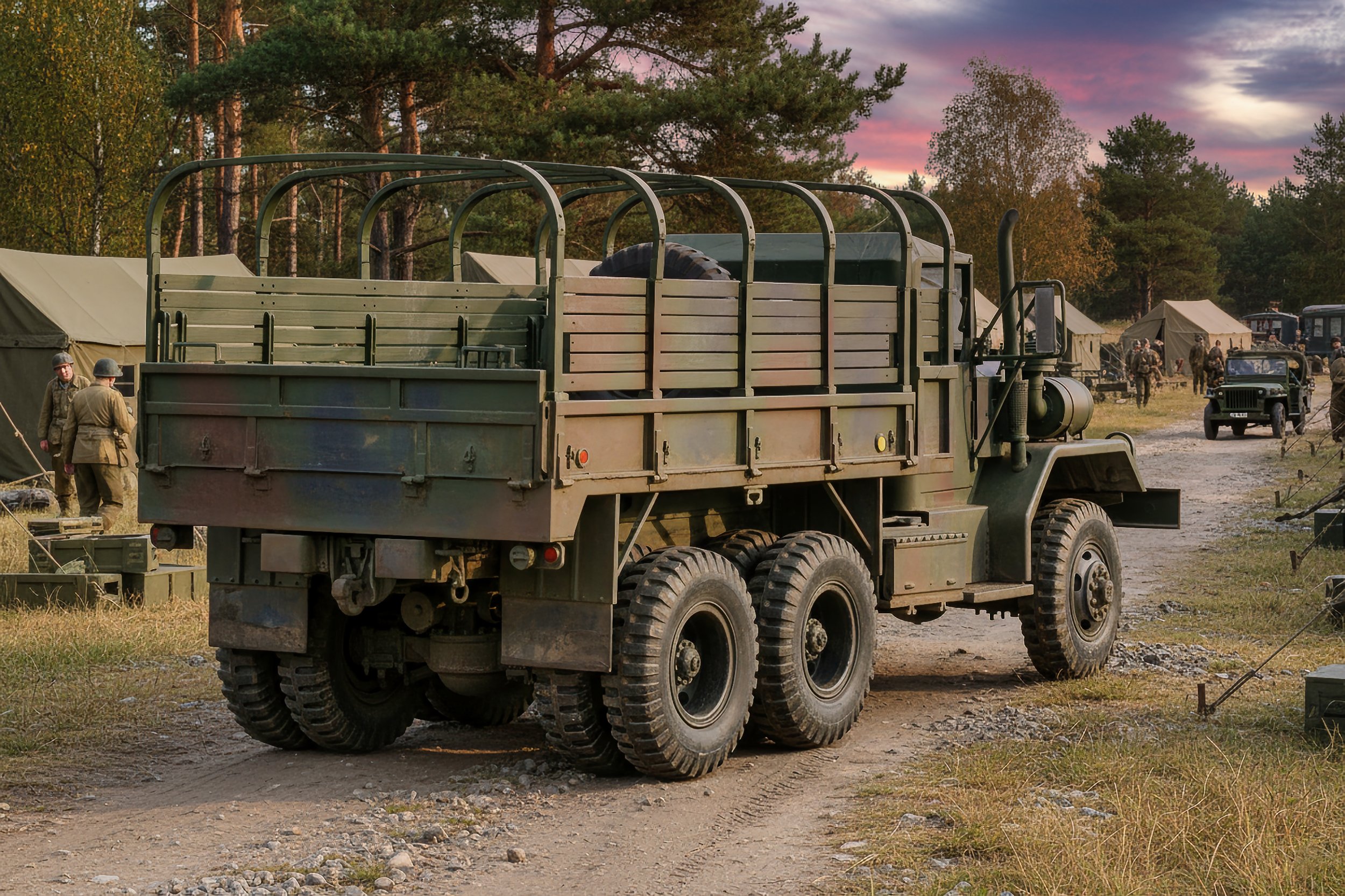A military truck parked on a dirt path at a military camp with tents, soldiers, and other vehicles in the background during sunset.