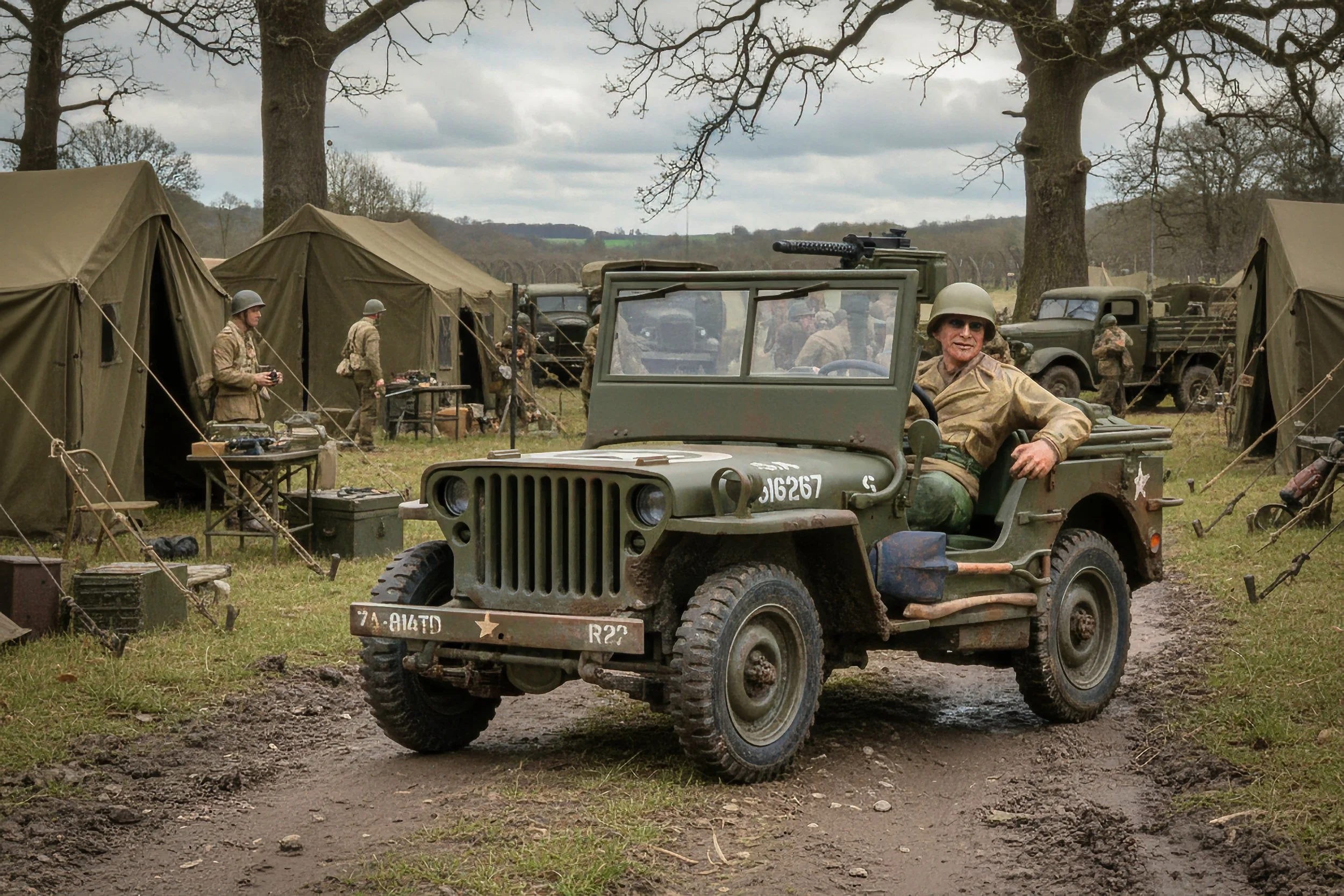 A woman in military attire sitting in a vintage military jeep on a dirt path, surrounded by World War II era tents and soldiers.