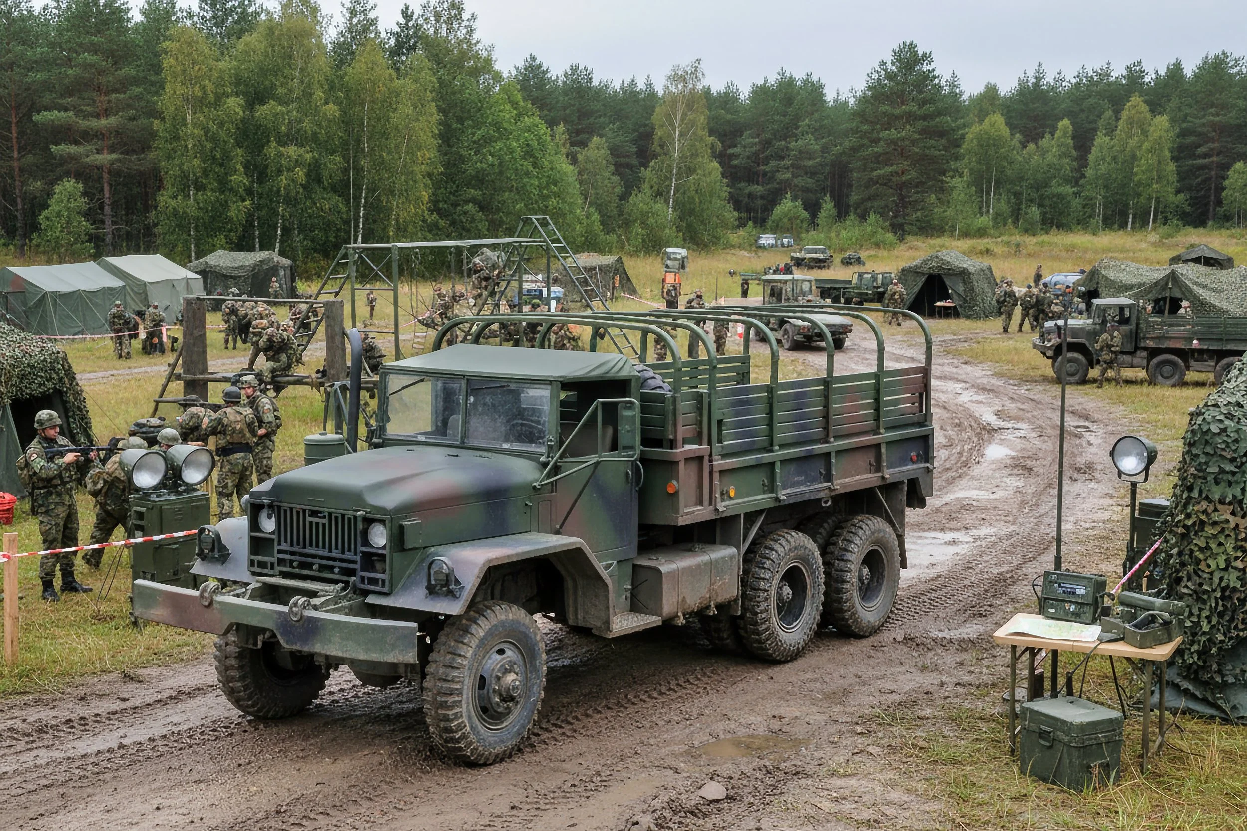 Military training exercise with soldiers, tents, and trucks in a forested area.