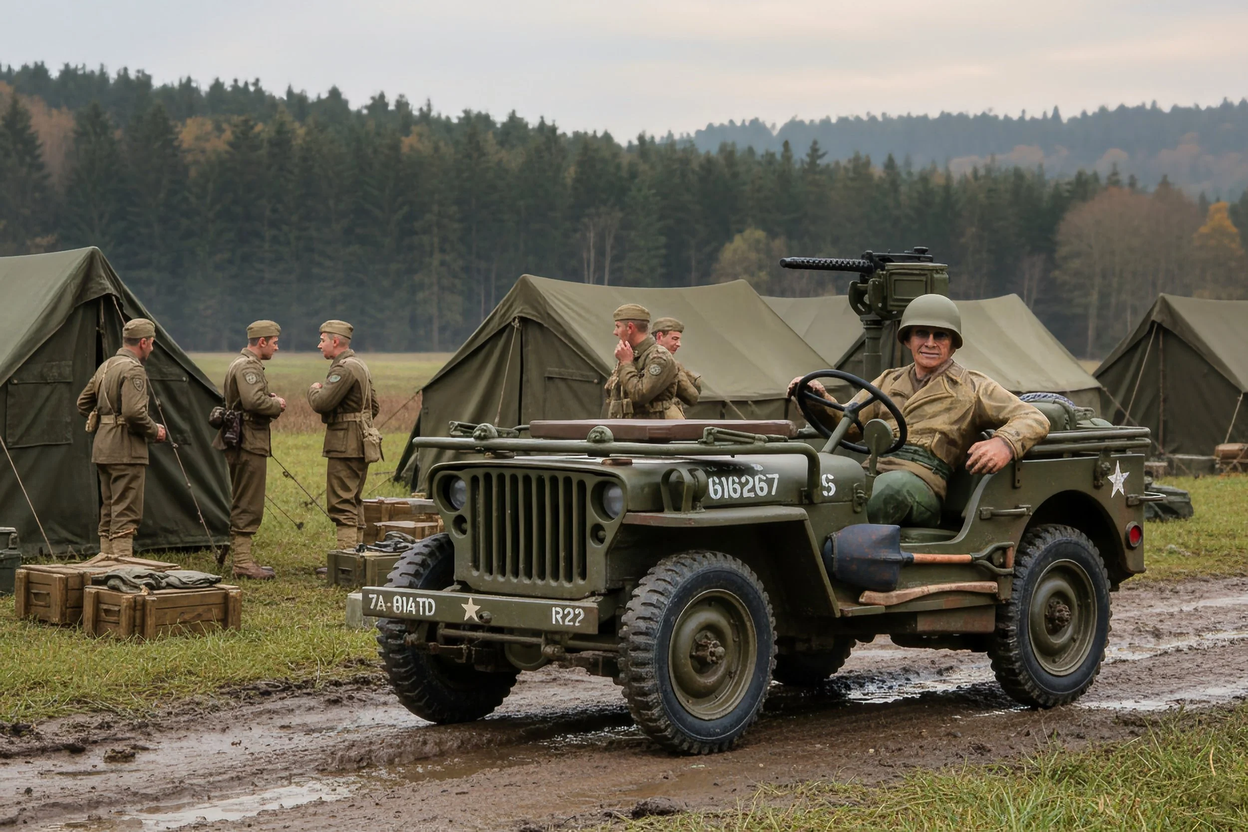 A vintage military scene with soldiers in uniform around tents, and a smiling soldier in a military jeep with a large machine gun, set in a field with trees in the background.