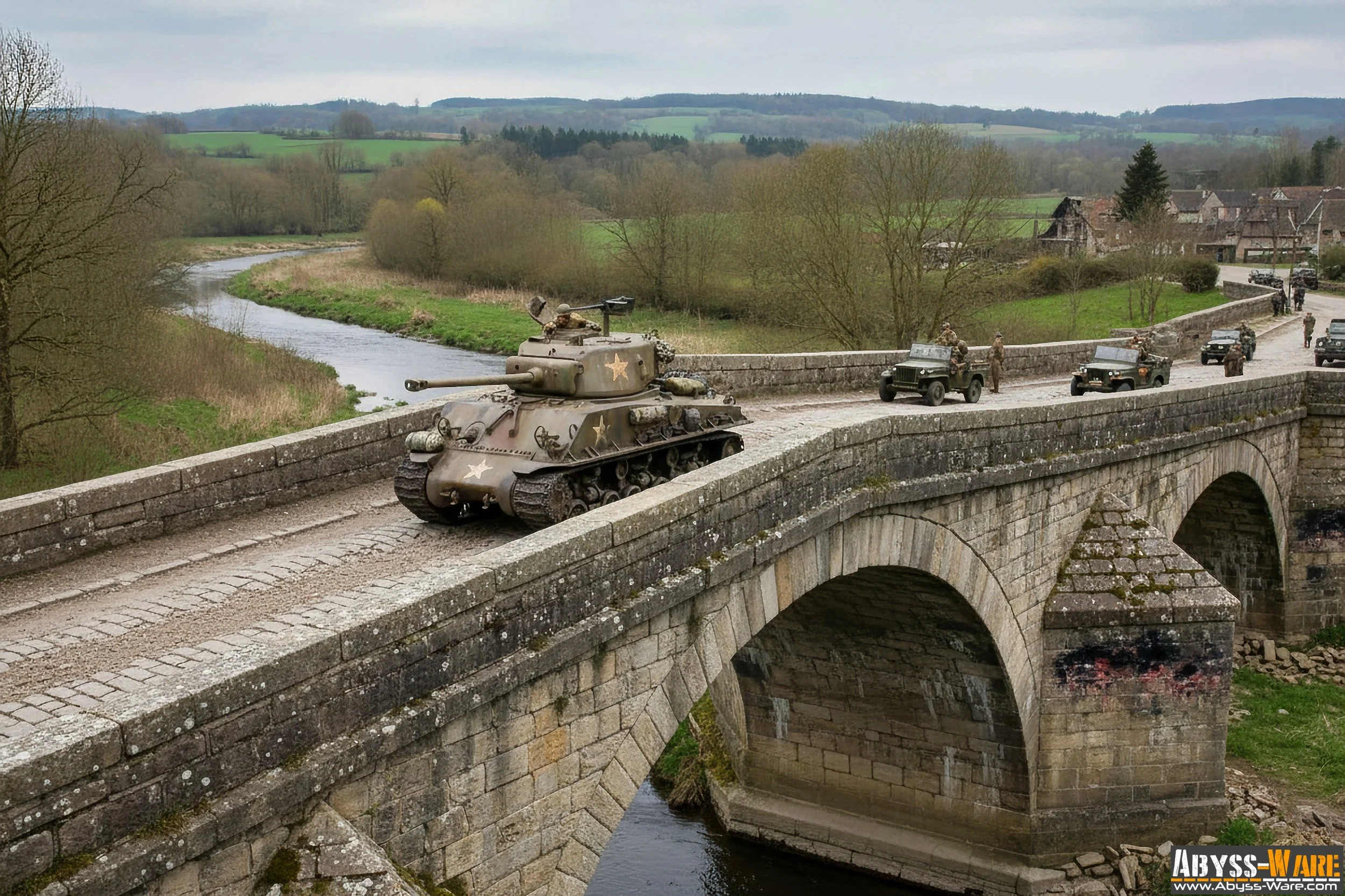 A military convoy on a stone bridge over a river, with a tank and several armed vehicles and soldiers, in a rural landscape with trees and hills.