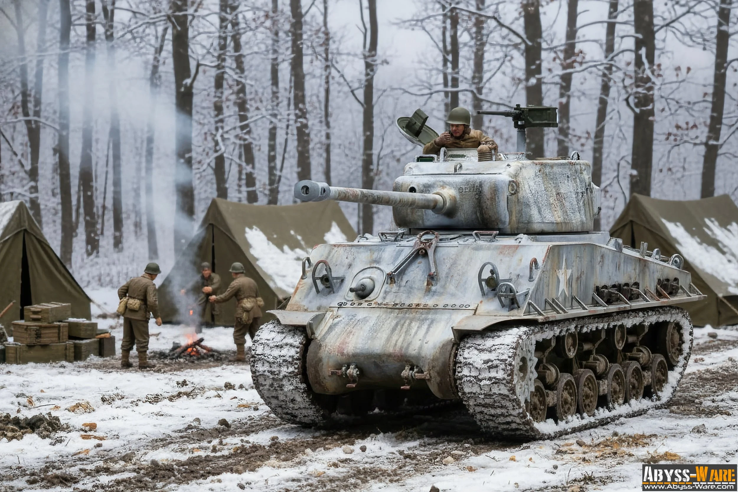 A military tank with a camouflaged metal surface and a long barrel in a snowy forest setting, with soldiers nearby and tents in the background.