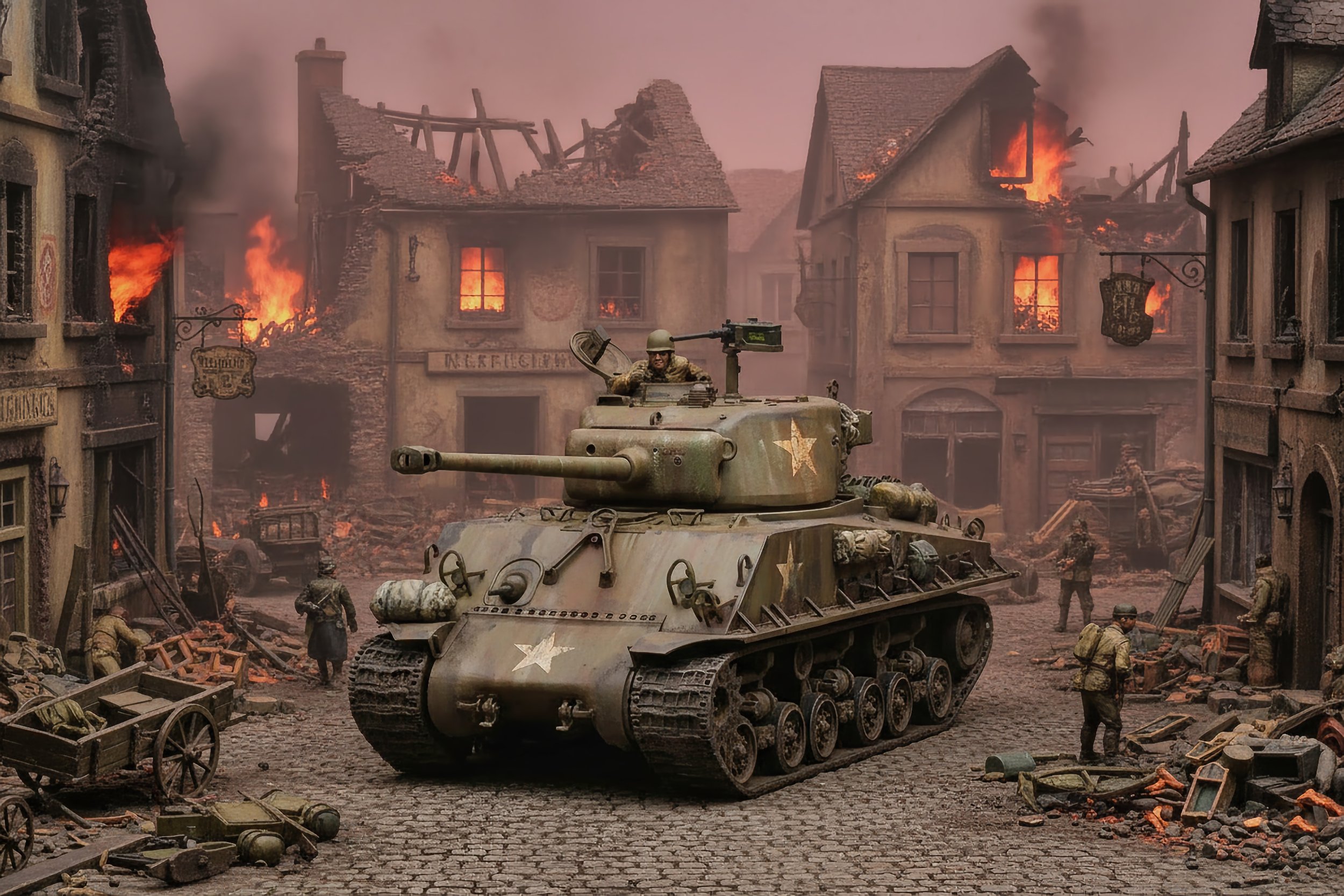 A military tank moving through a war-torn city street with burning buildings and debris, soldiers in combat gear nearby, and smoke filling the sky.