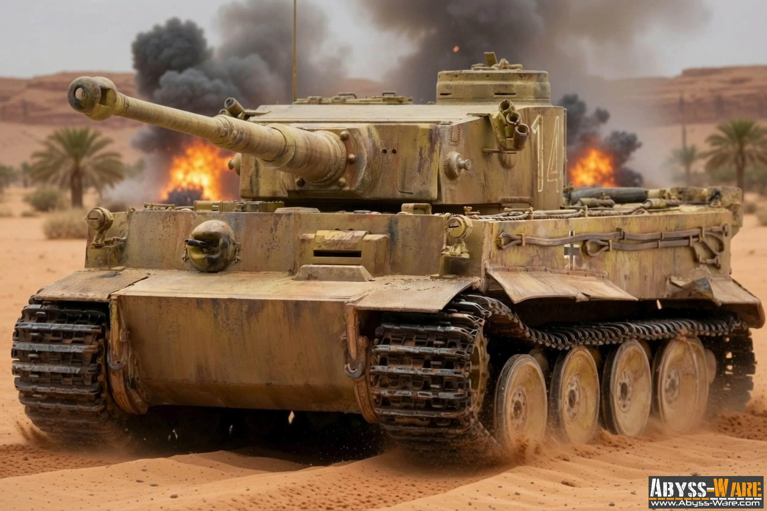 A military tank moving through a desert landscape with palm trees, with explosions and smoke in the background.