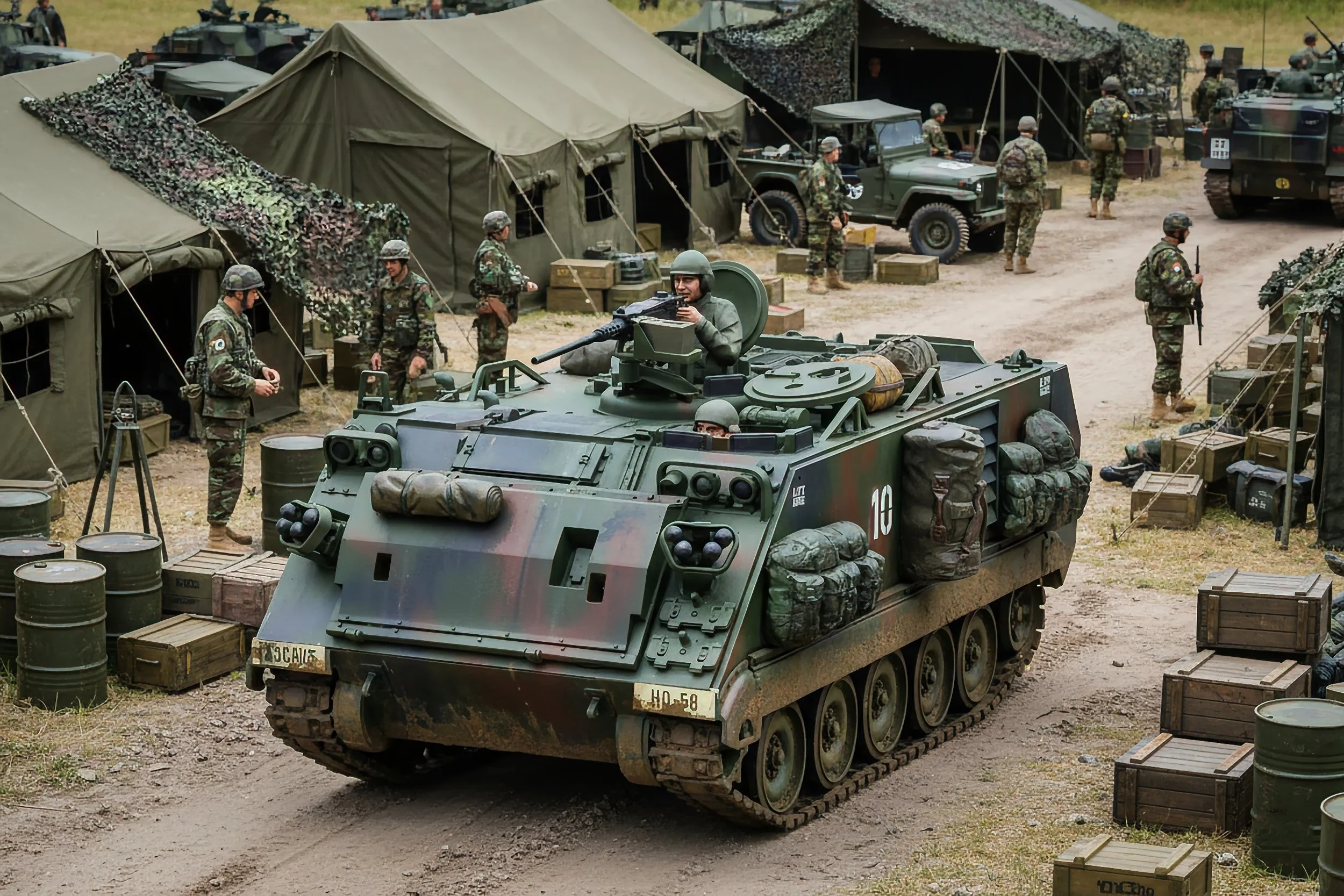Military scene with soldiers, tents, and a tracked military vehicle in a camp setting.