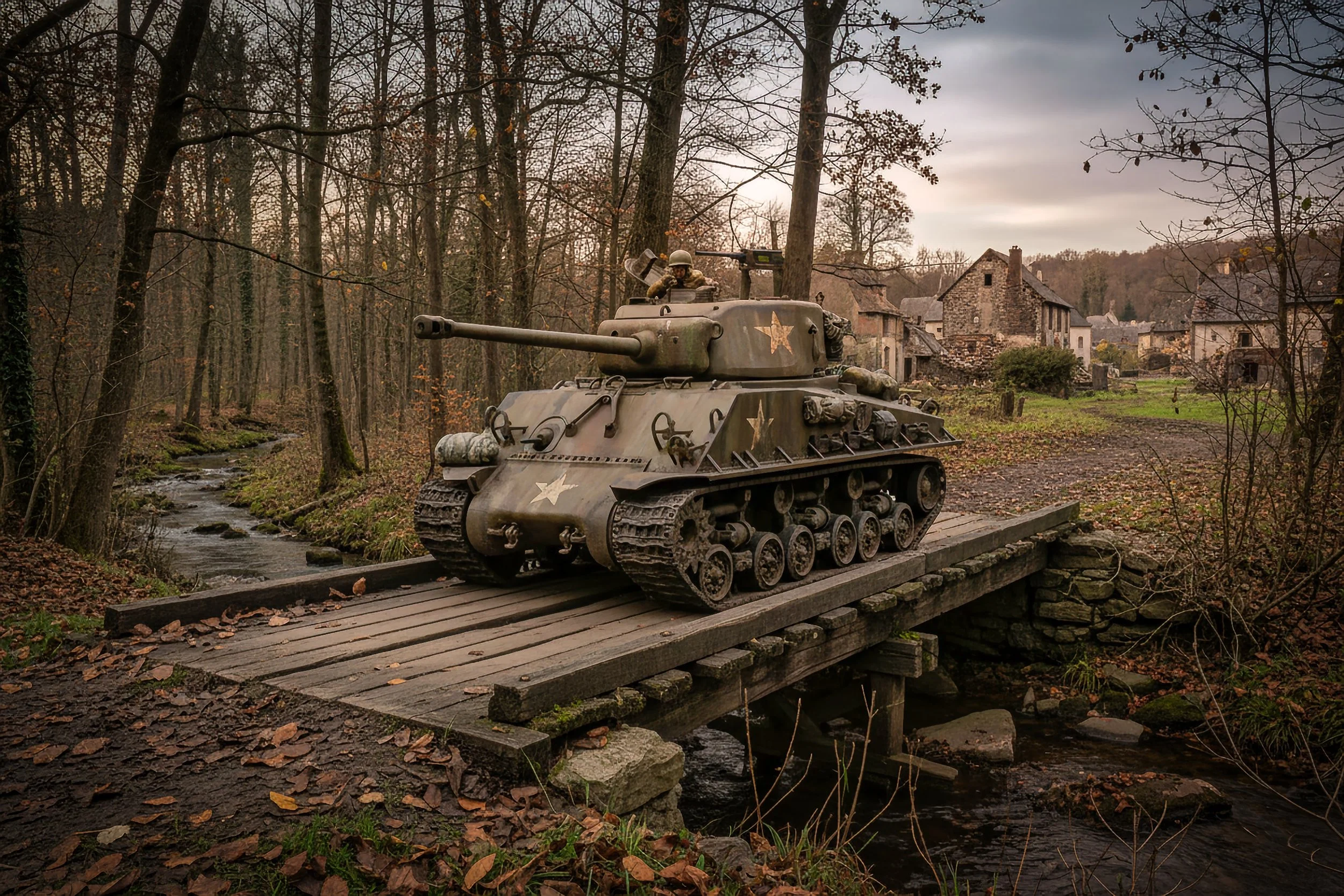 A model military tank on a small wooden bridge in a rural, wooded area with a stream, autumn trees, and old stone buildings in the background.