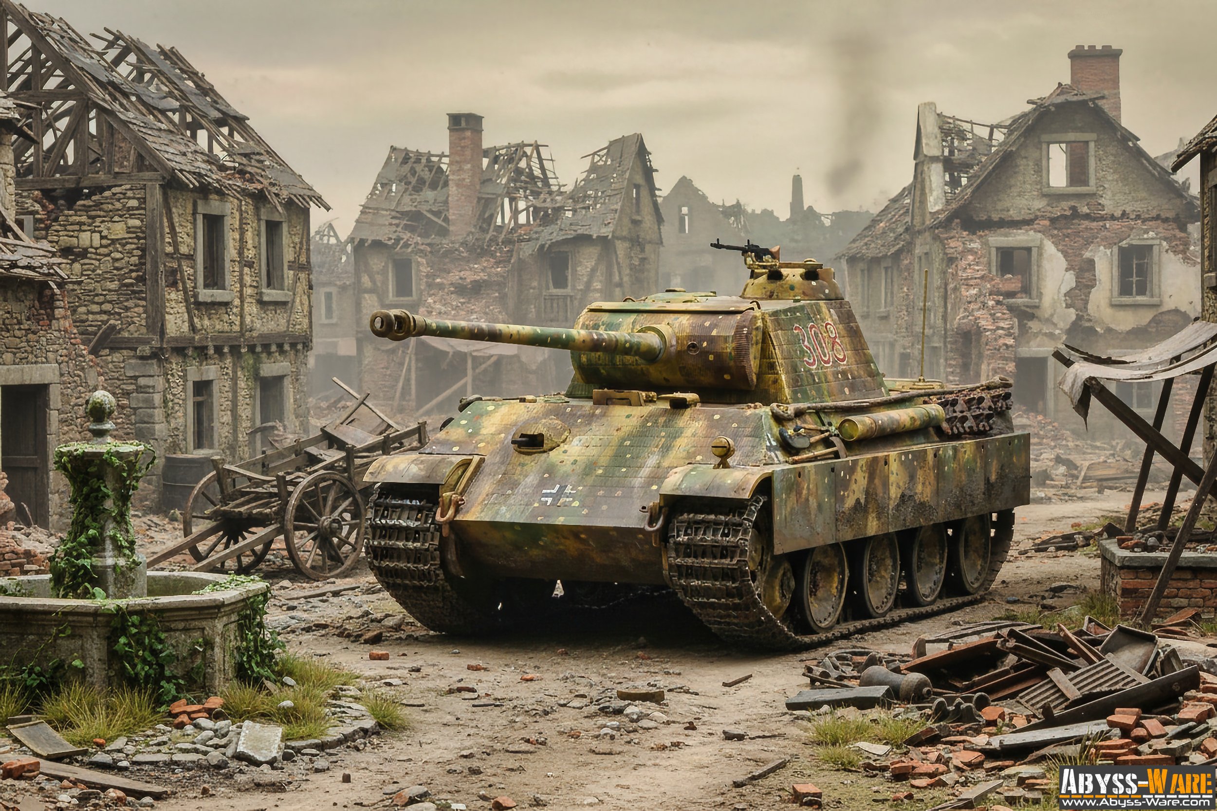 A military tank amidst a war-torn city with destroyed buildings, rubble, and debris scattered around.
