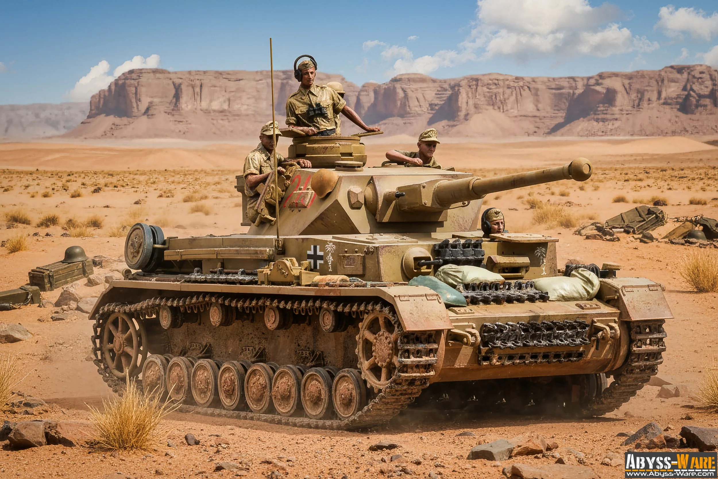 A military tank with soldiers in desert terrain, with mountains in the background and a logo in the bottom right corner reading "Abyss Wares."
