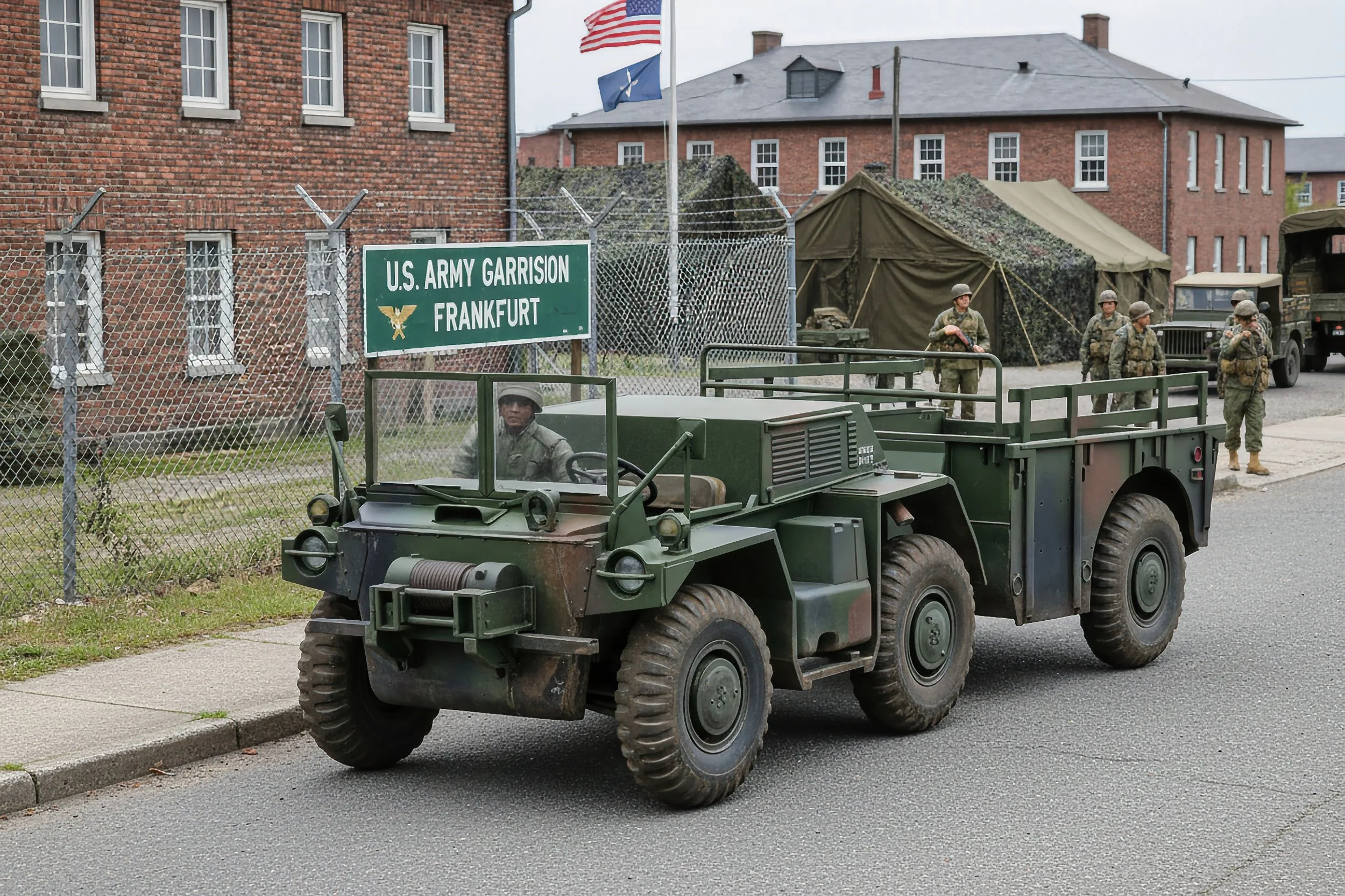 A military scene with a vintage green military vehicle in the foreground, soldiers in uniform standing behind a chain-link fence, a sign reading 'U.S. Army Garrison Frankfurt,' and a large army tent in the background.