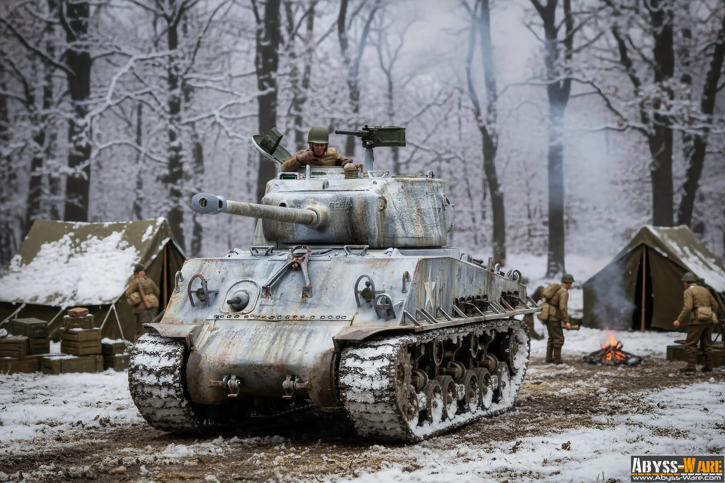 A military scene in a snowy forest with a tank and soldiers, some tents, and campfire