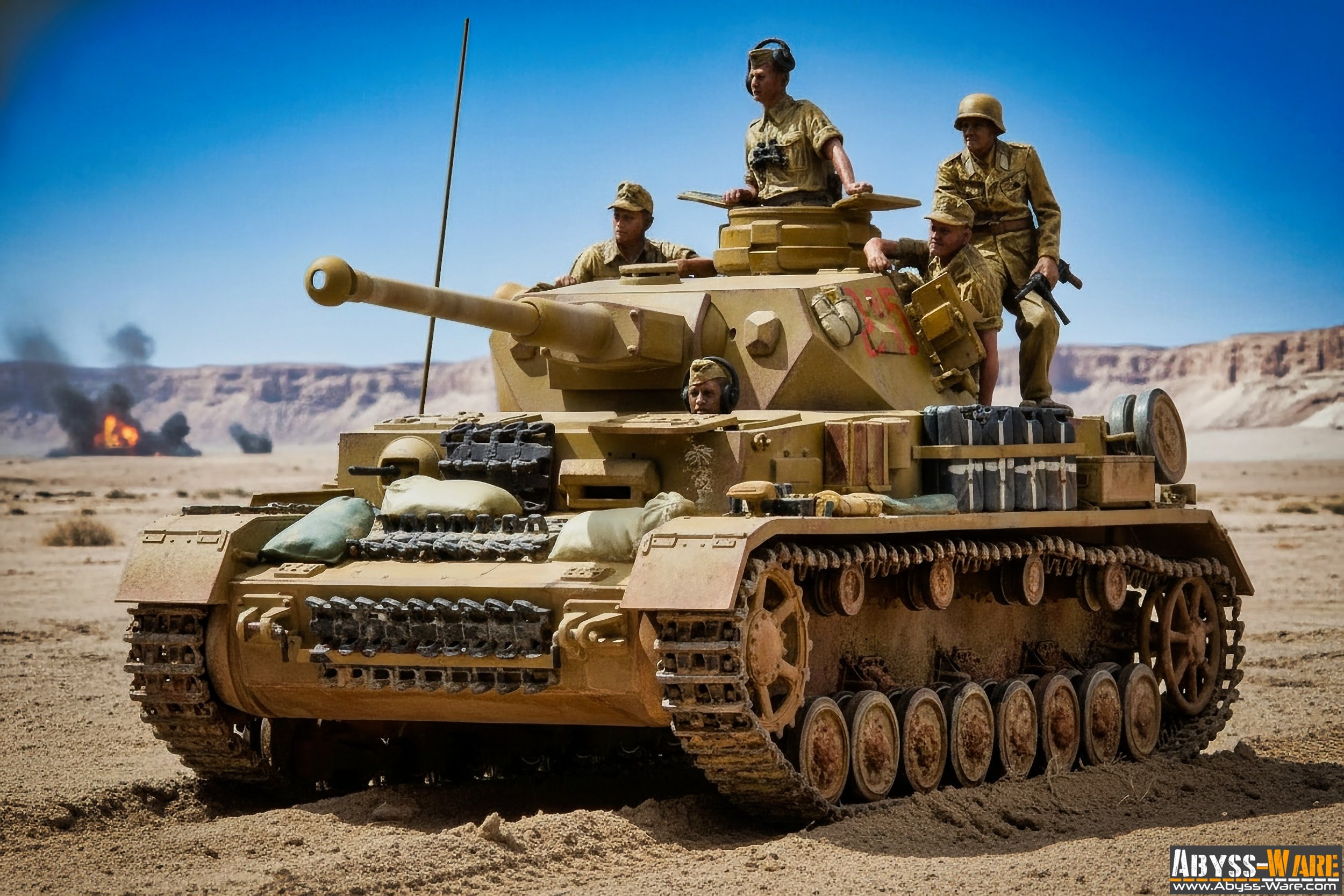 Military tank with soldiers riding on it moving across a desert landscape with explosions and smoke in the background.