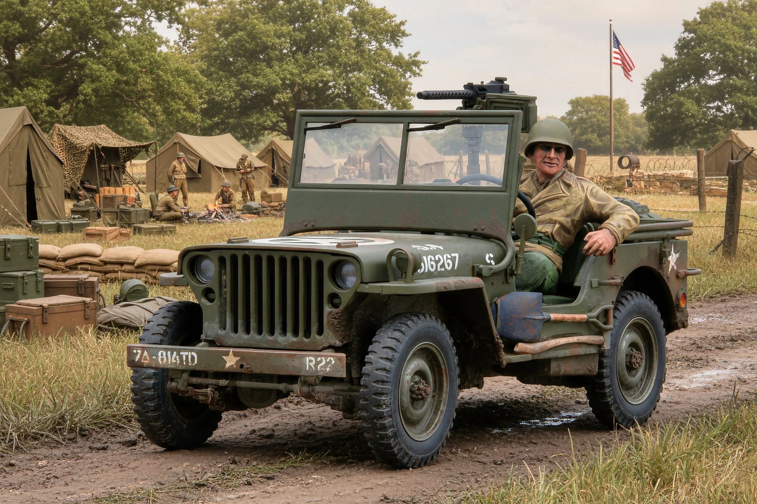 A man in military uniform and helmet sitting in a vintage military Jeep, with a WWII-era military camp with tents and soldiers in the background, and an American flag flying behind the camp.