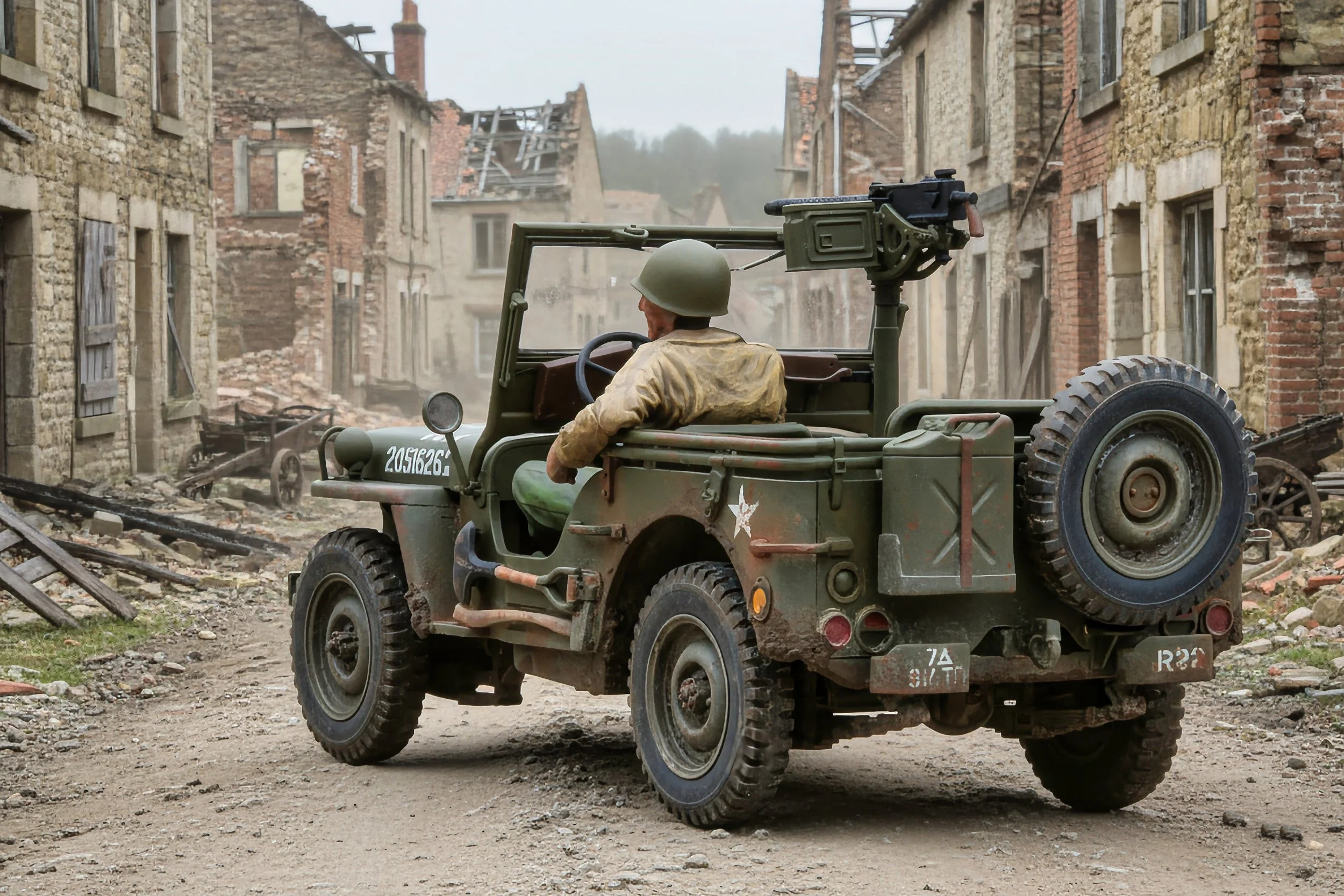 A soldier driving a vintage military jeep through a destroyed city street with damaged buildings and rubble.