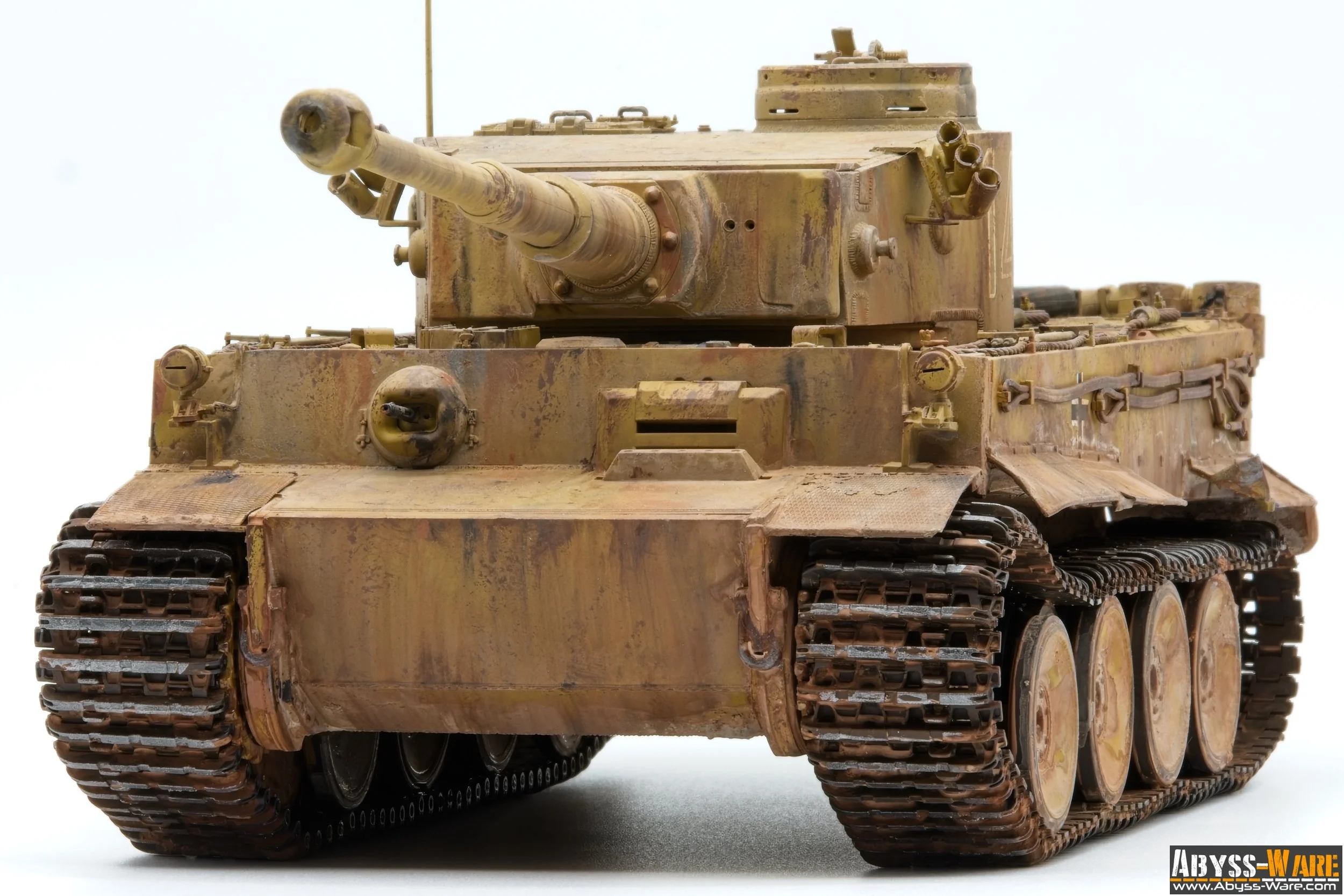 A highly detailed model of a military tank with a weathered, dusty appearance, displayed against a plain background.