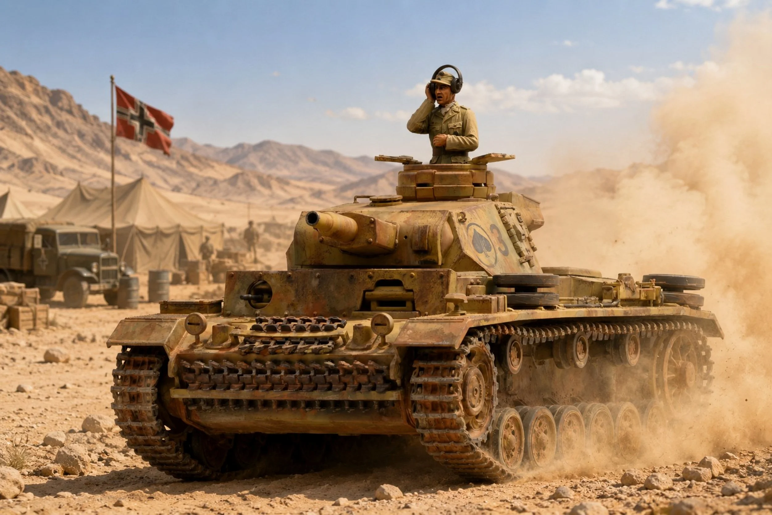 A soldier in a military tank in a desert landscape with mountains and tents in the background, flying a red flag with a cross and a white symbol.