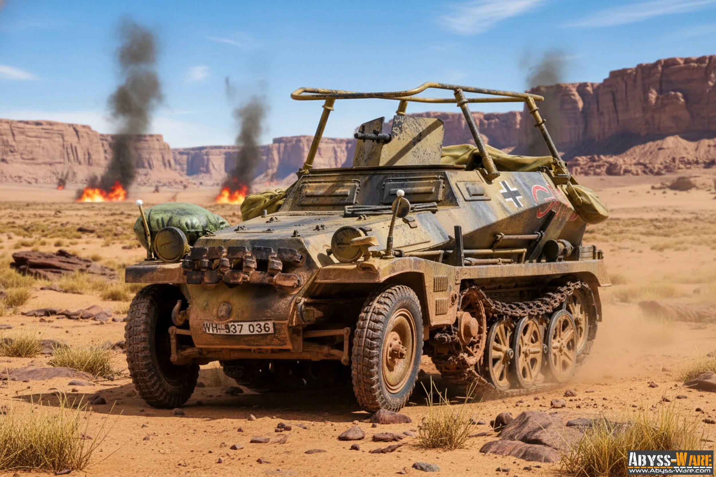 A rusty, abandoned military vehicle with tank tracks, set in a desert landscape with rock formations and smoke in the background.