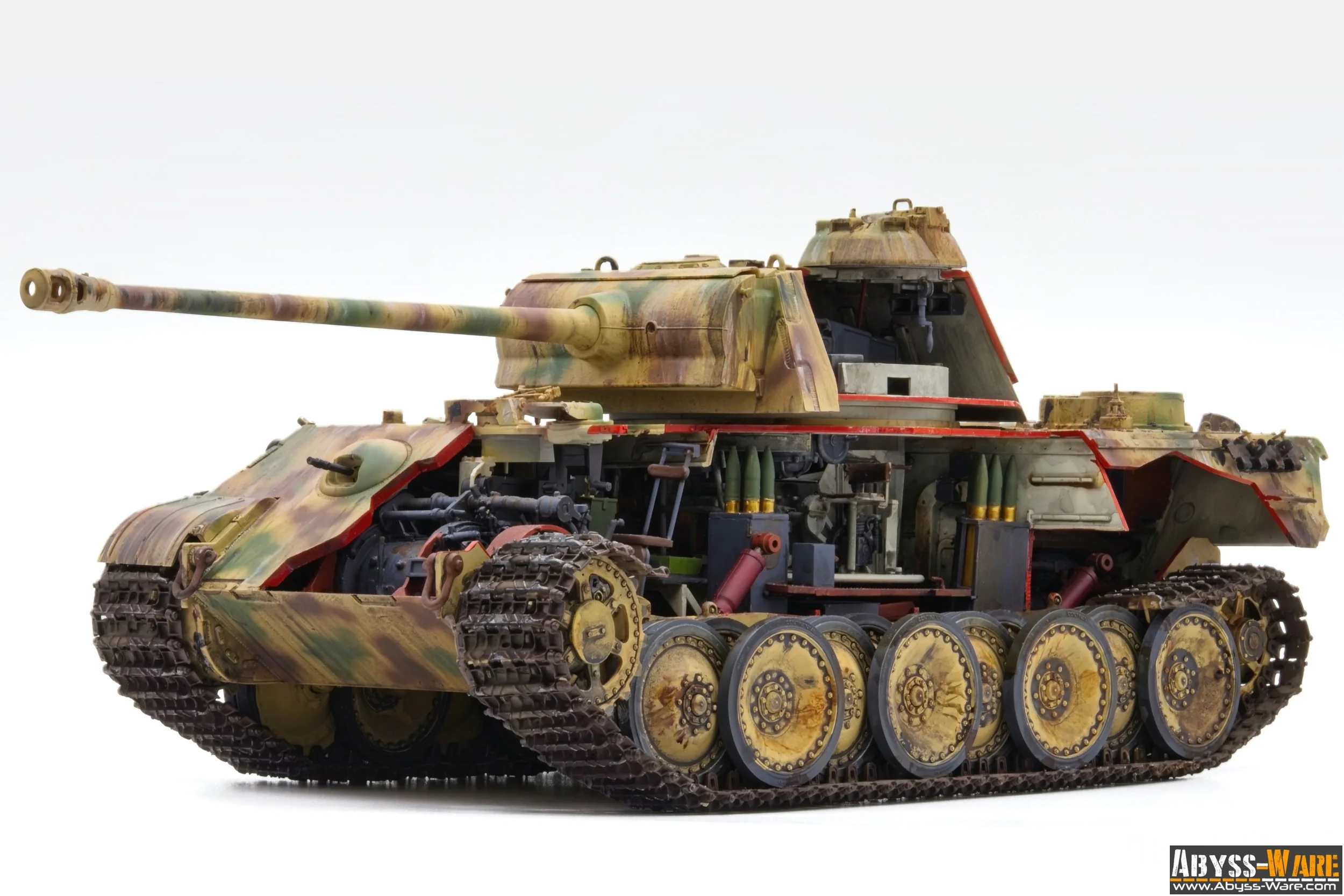 A detailed model of a military tank with camouflage paint, showing internal components and tracks, against a white background.