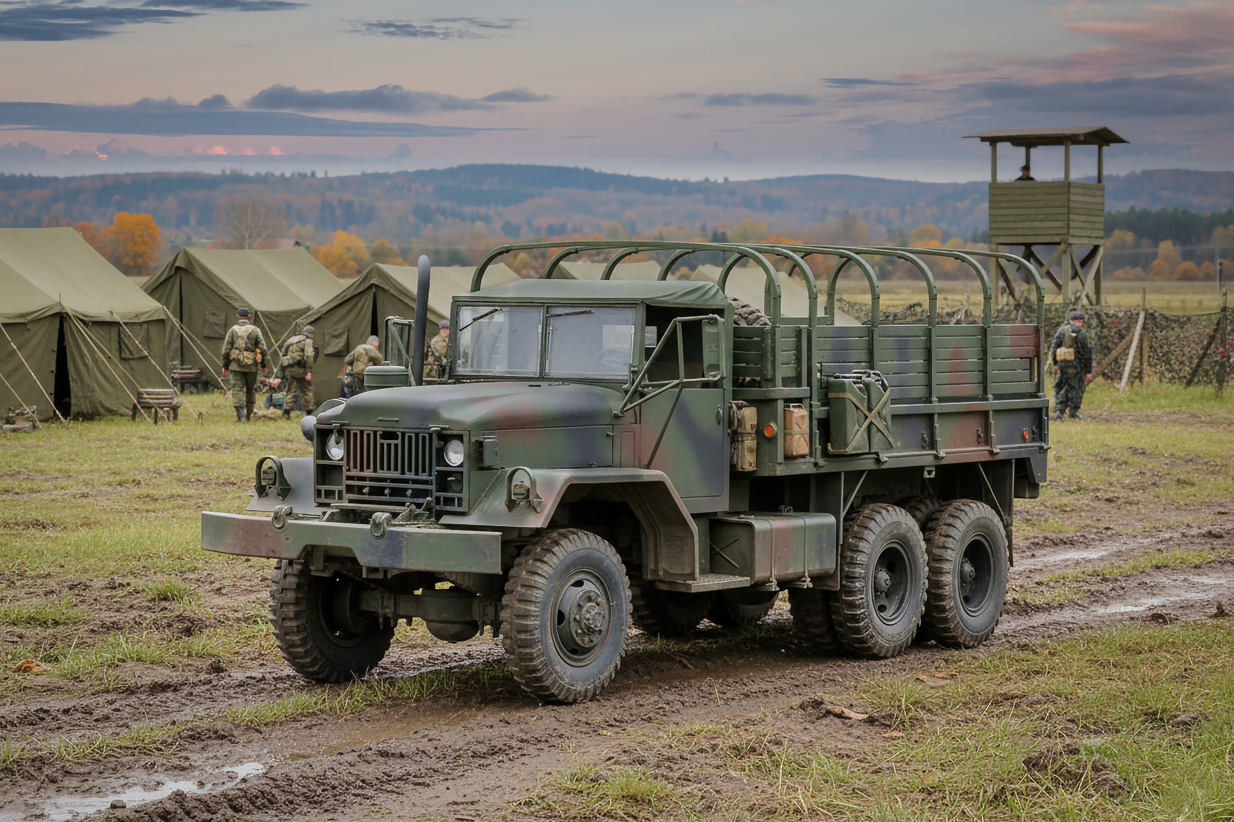 A military truck with camouflage paint driving on dirt near green tents and soldiers in camouflage uniforms at a military base.