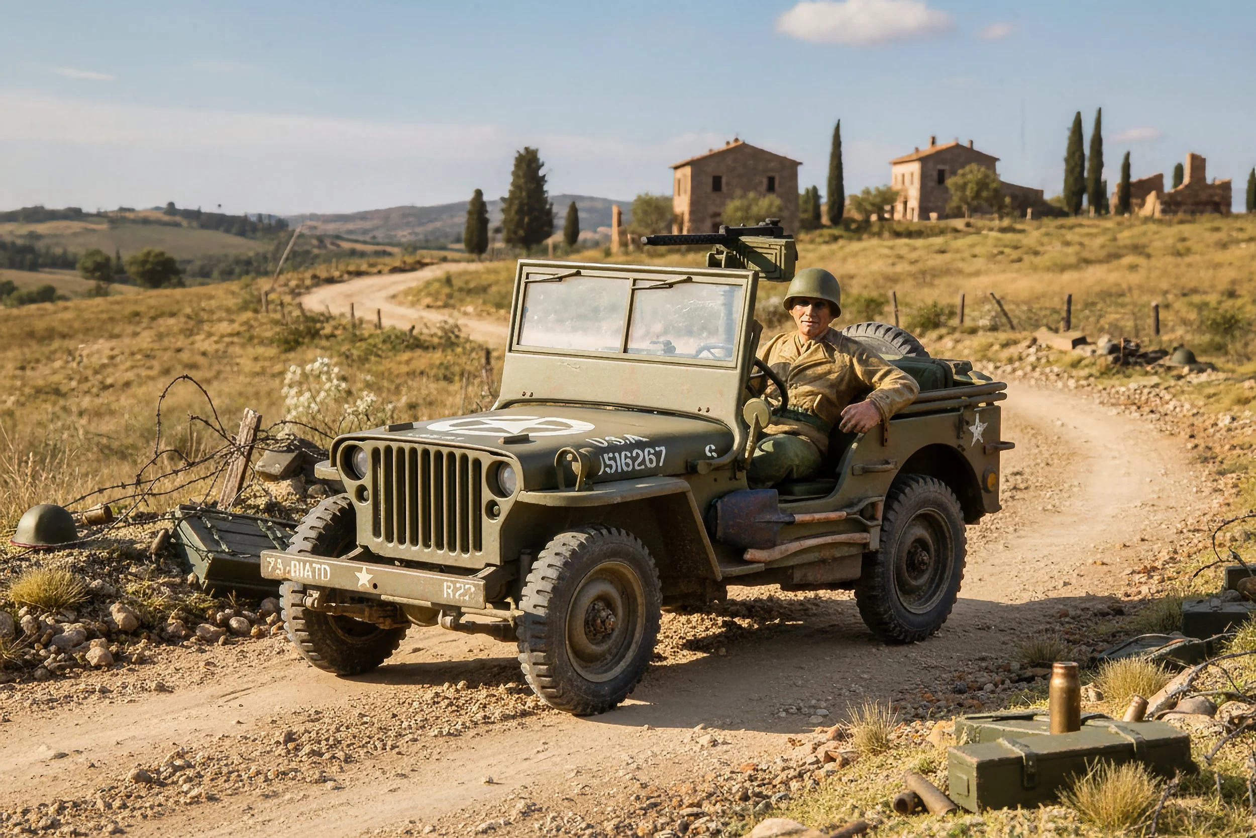 A soldier in a military jeep driving on a dirt road in a rural landscape with houses and cypress trees in the background.