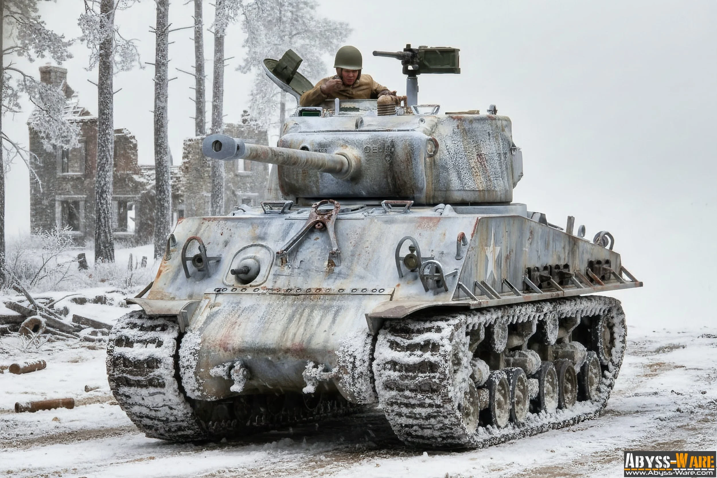 A soldier in winter gear riding inside a weathered military tank in a snowy landscape with a ruined building and leafless trees in the background.