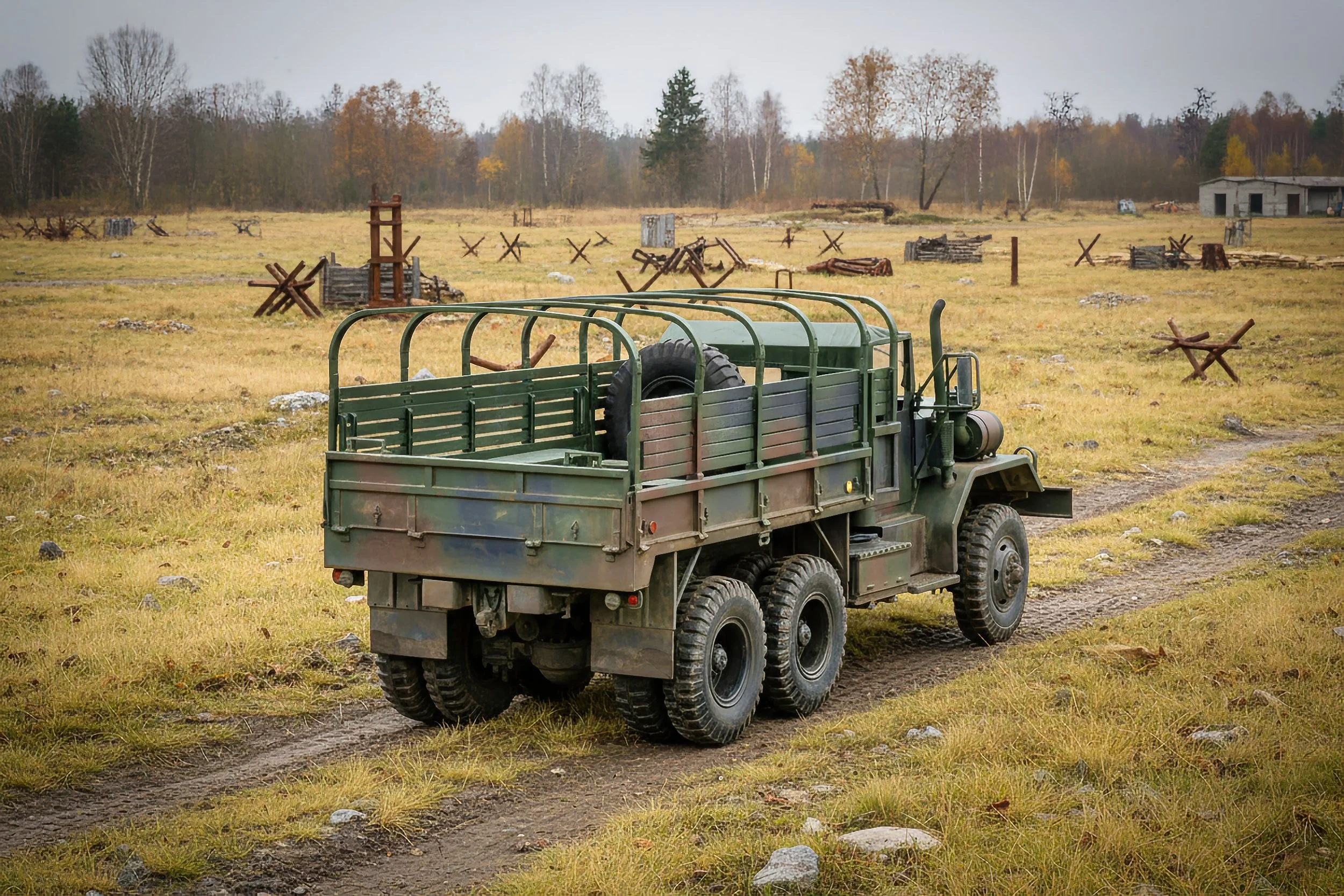 A military truck driving through a field with scattered barbed wire obstacles and a damaged building in the background.