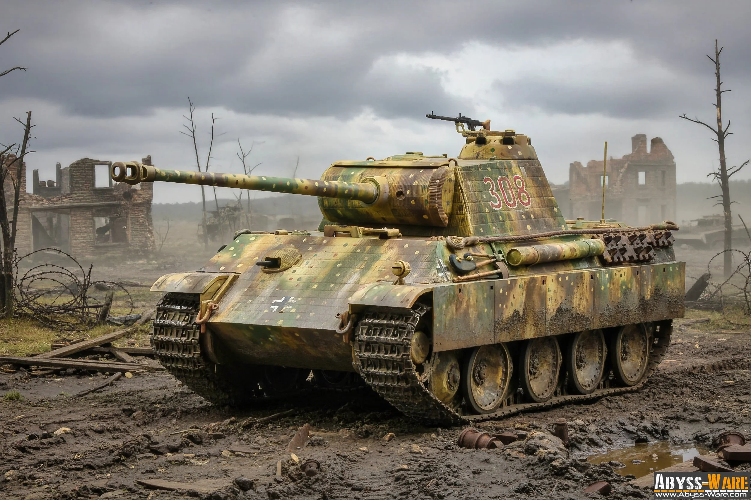 A damaged World War II tank in a devastated landscape with ruined buildings and overcast sky.