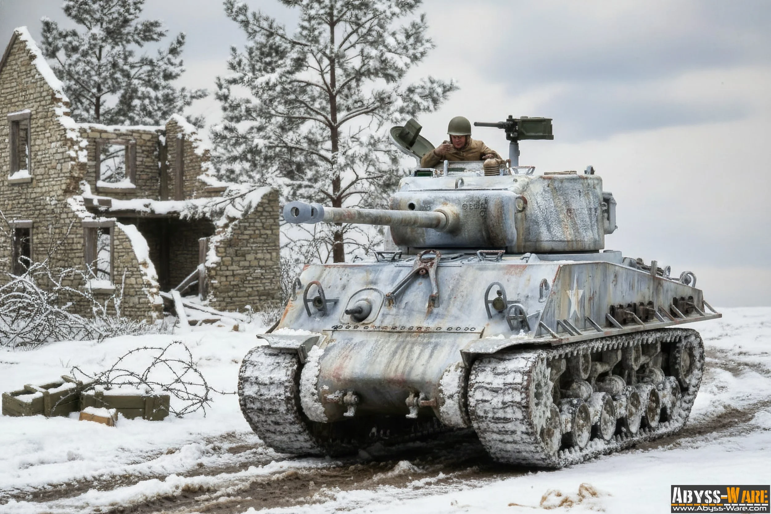 A military tank moving through snow near abandoned buildings, with trees in the background.