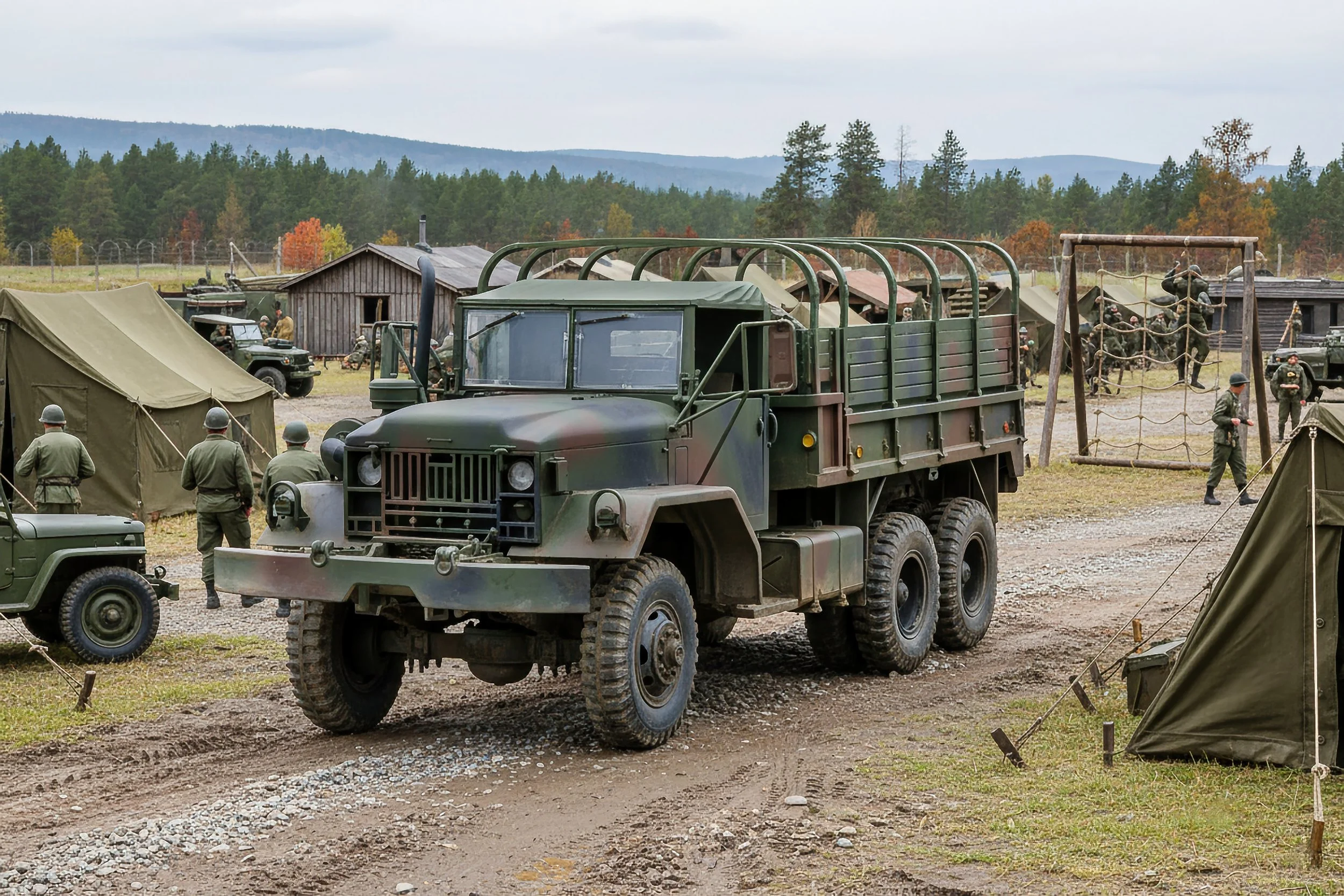Military scene with a camouflage-painted truck, soldiers in uniform, tents, and other military vehicles in a rural, outdoor setting.