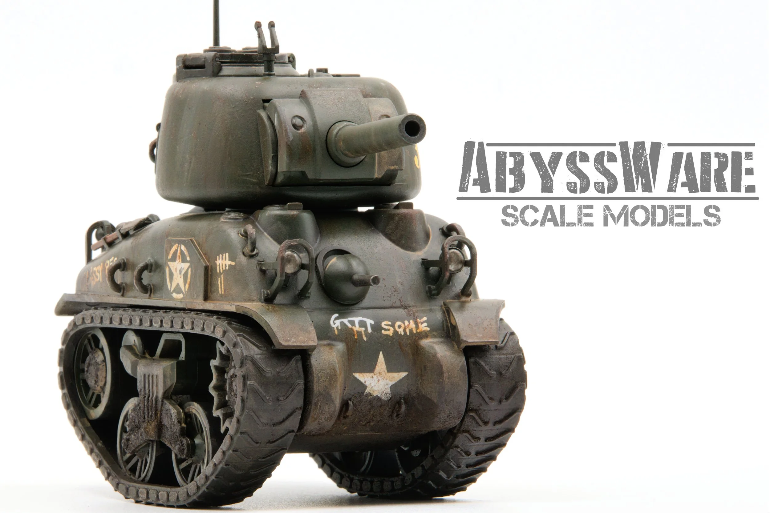 A detailed scale model of a SHERMAN toon military tank with markings, graffiti, and weathering effects, labeled 'Abyssware Scale Models'.